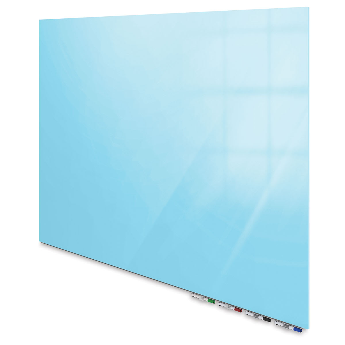 Ghent Aria Magnetic Glassboards - right angled view of blue glassboard showing marker tray 
