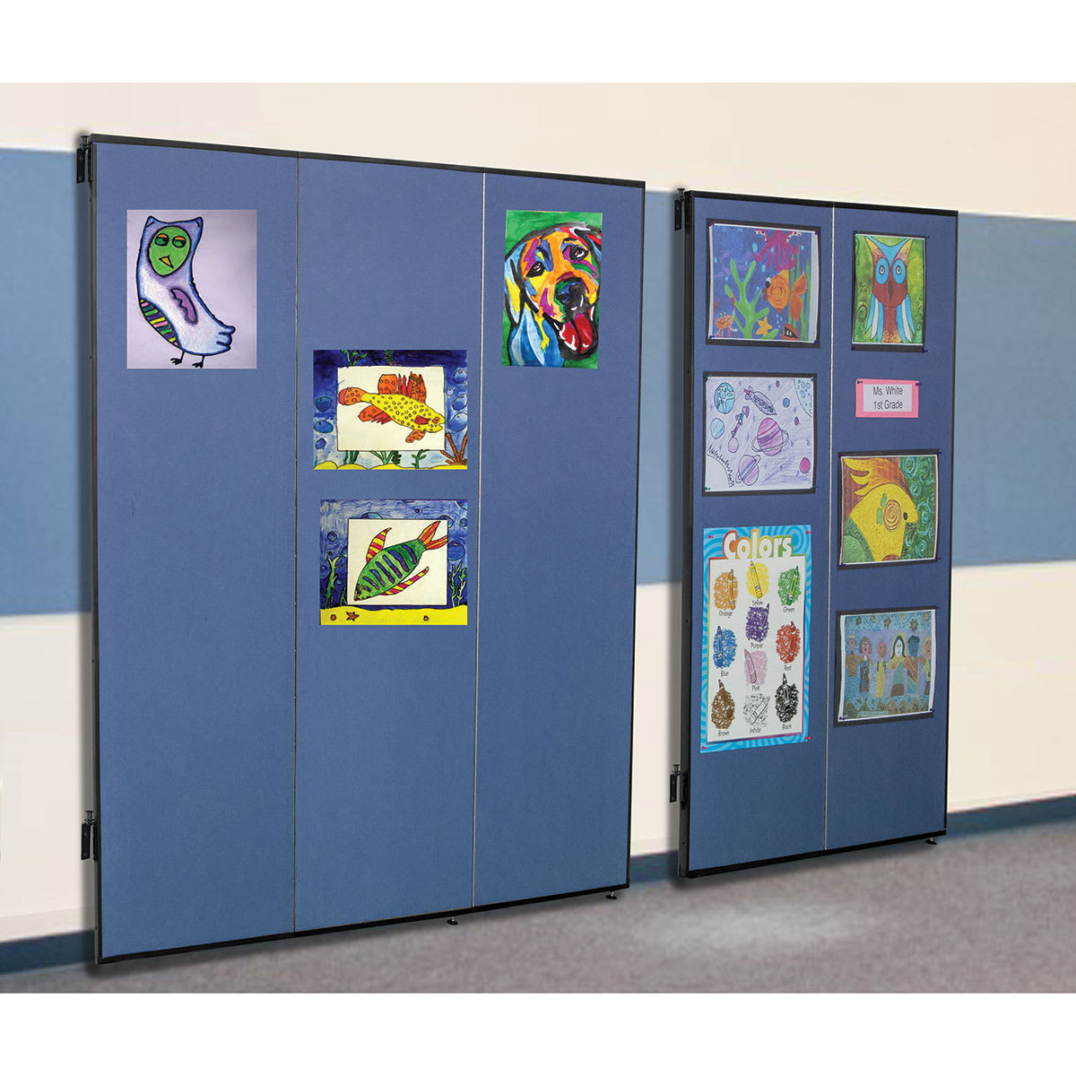 Screenflex Study Carrel Panels - 2 and 3 panels shown against wall with school posters attached