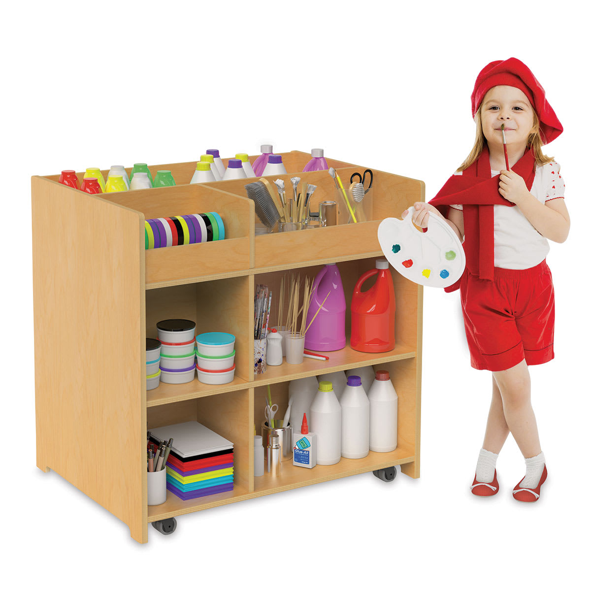 Whitney Brothers Deluxe Mobile Art Supply Cart Child artist standing next to fully loaded cart