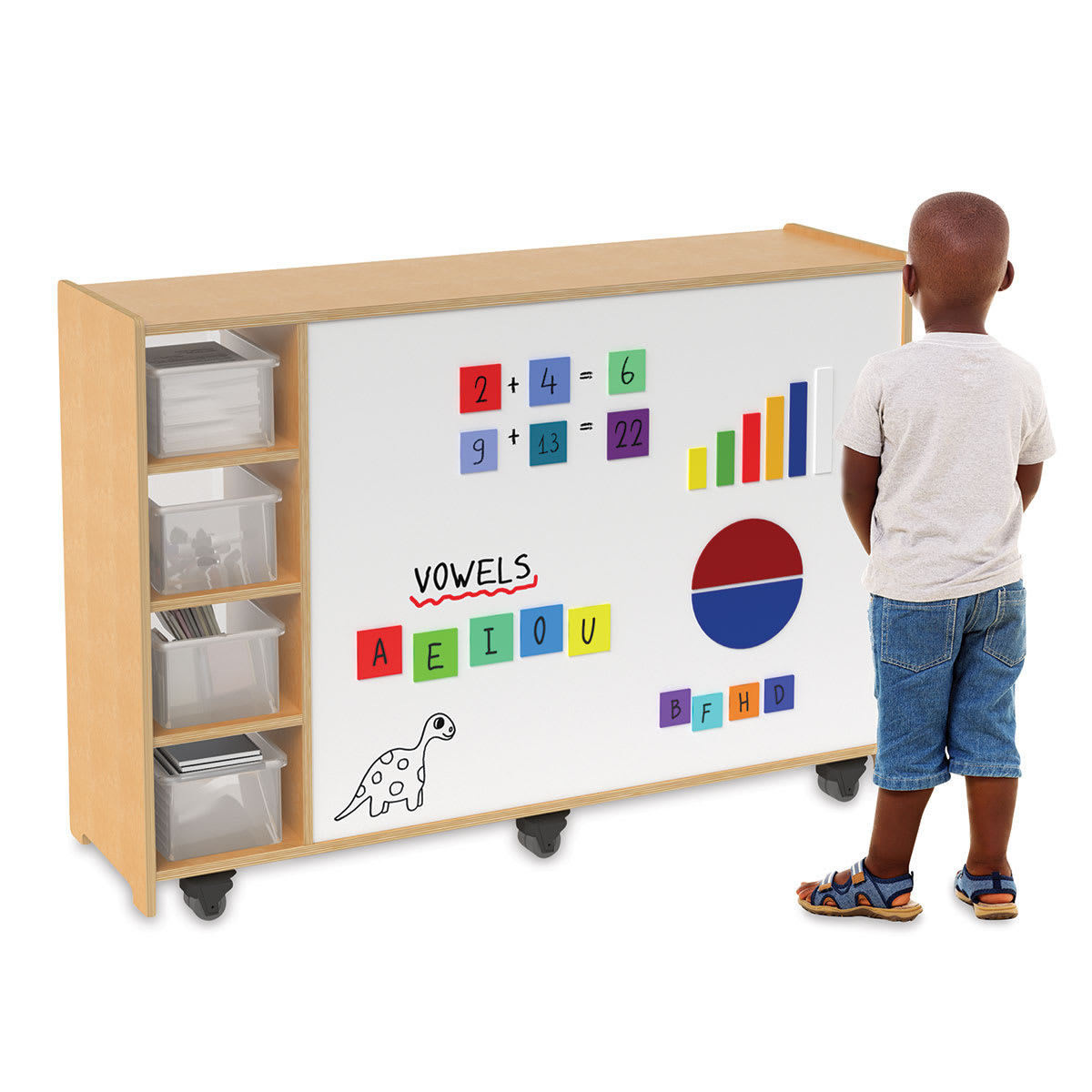 Magnetic Markerboard Mobile Storage Cabinet - Student studying contents of markerboard
