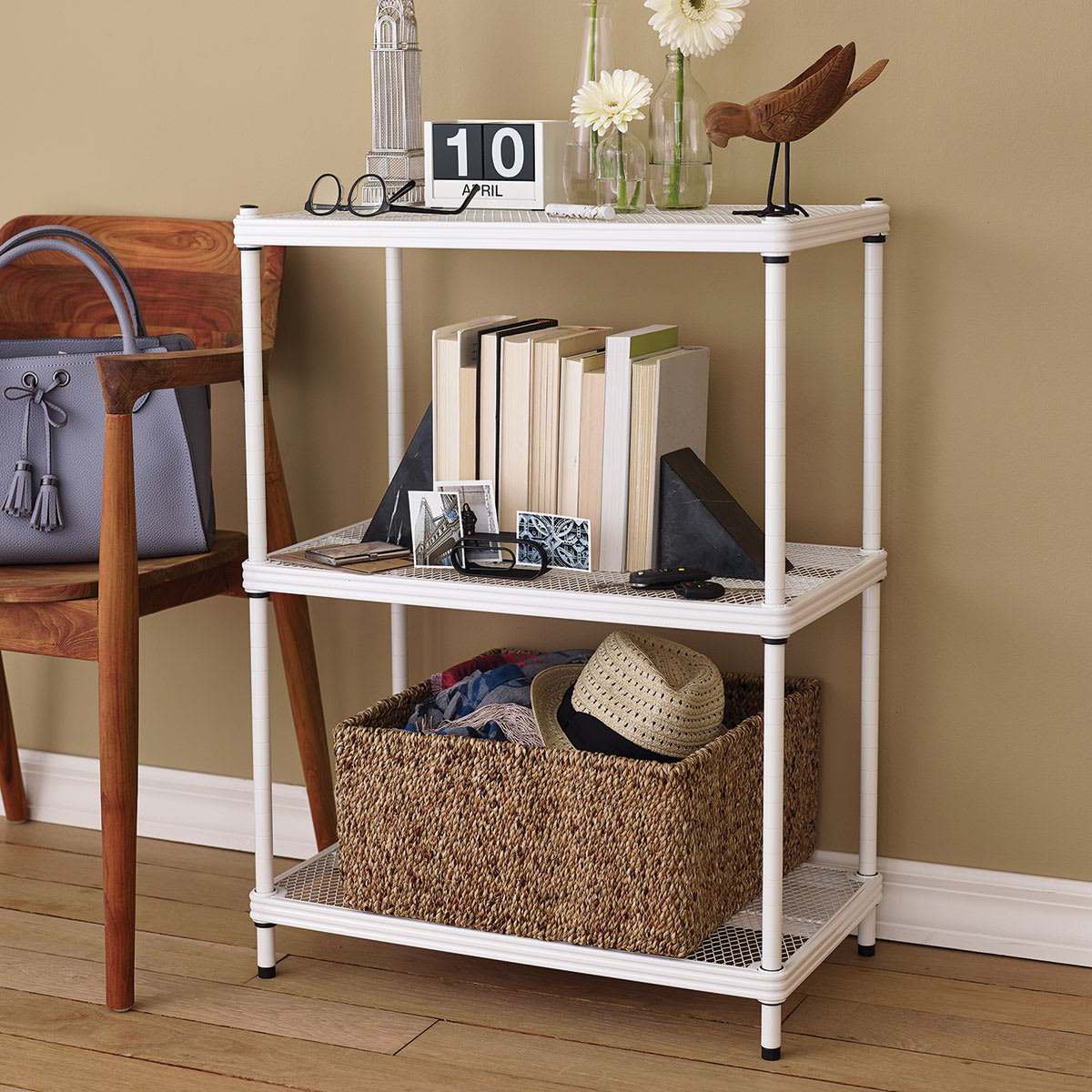Design Ideas MeshWorks Shelving Units - Accessorized White Unit in room setting