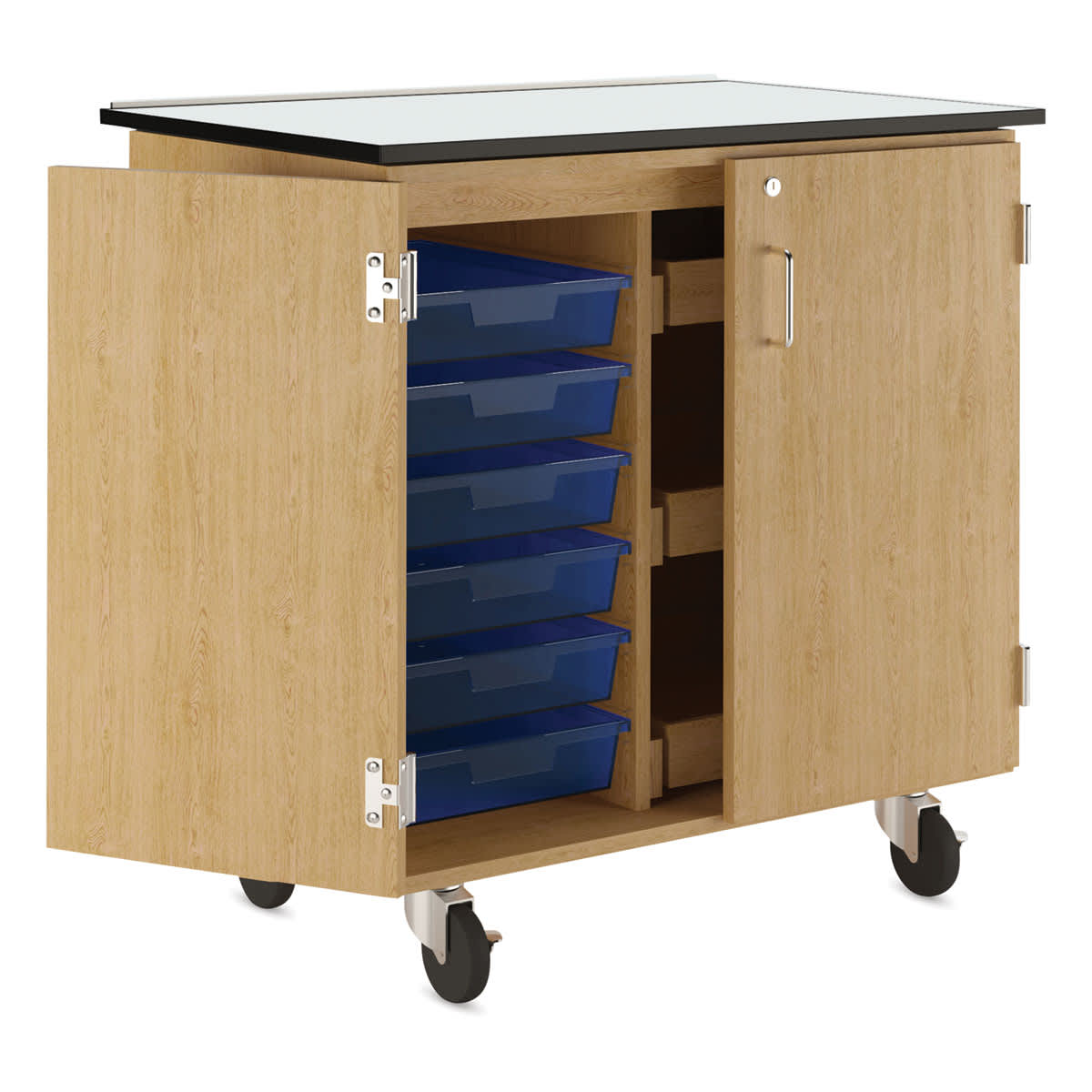 Diversified Spaces Write-n-Roll Cabinet - Oak/Royal (Side view, Cabinet open)