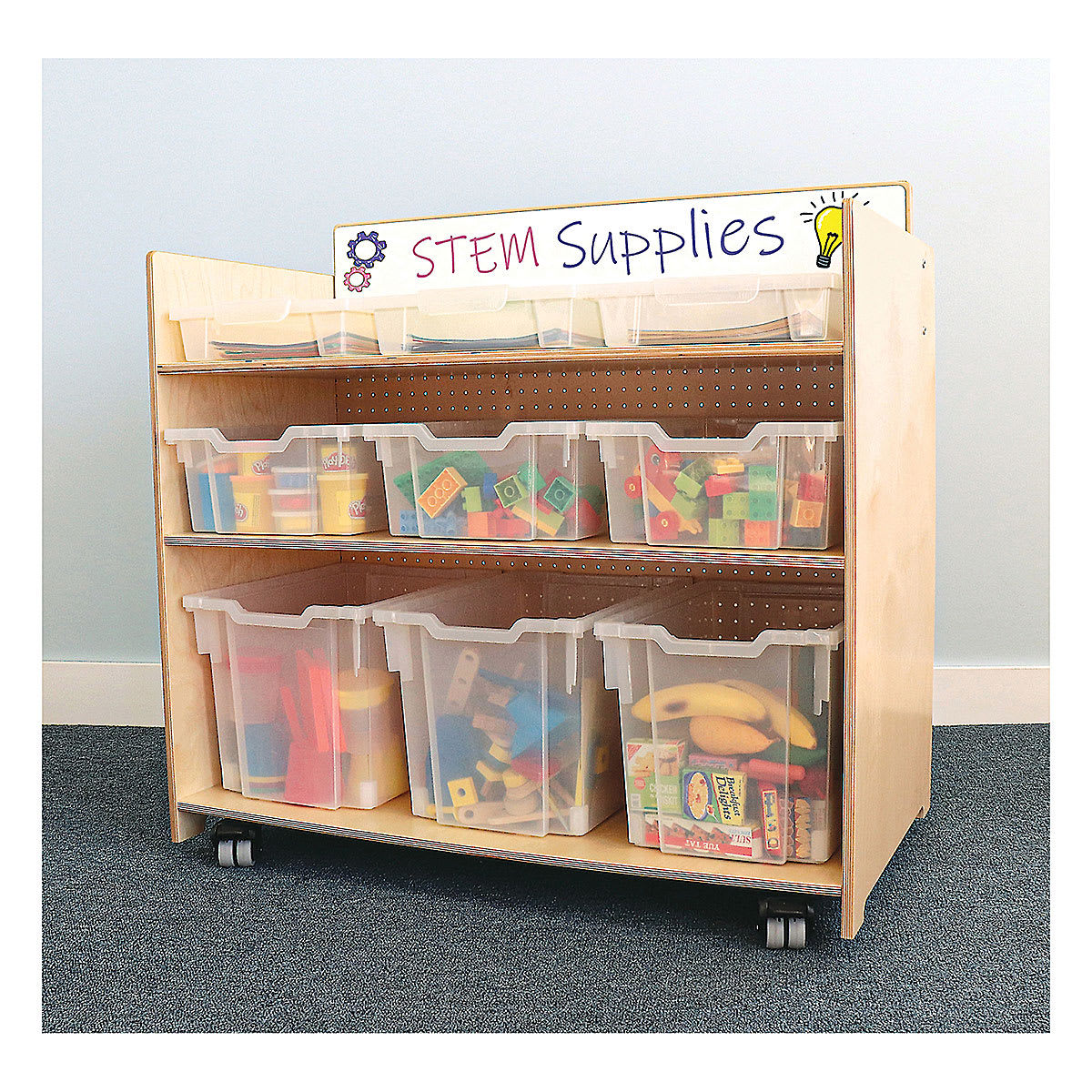 Whitney Brothers Storage STEM Cart - Front view with Gratnell Trays filled with STEM supplies