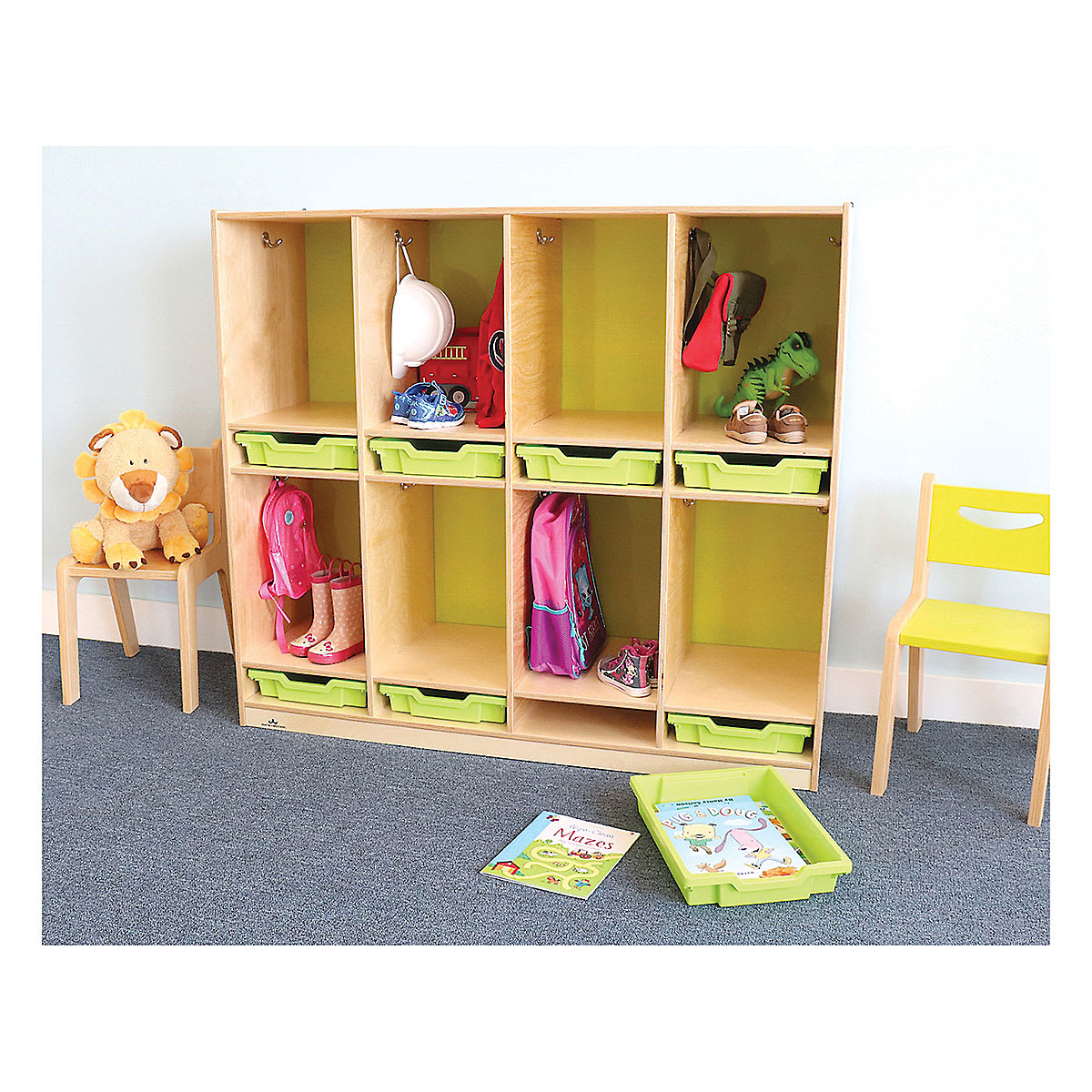 Whitney Brothers Plus Coat Locker -shown in playroom setting holding children's backpacks and shoes