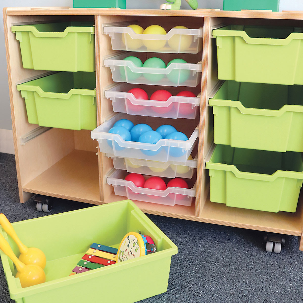 Green Tray Storage Cabinet Shown accessorized with one tray removed