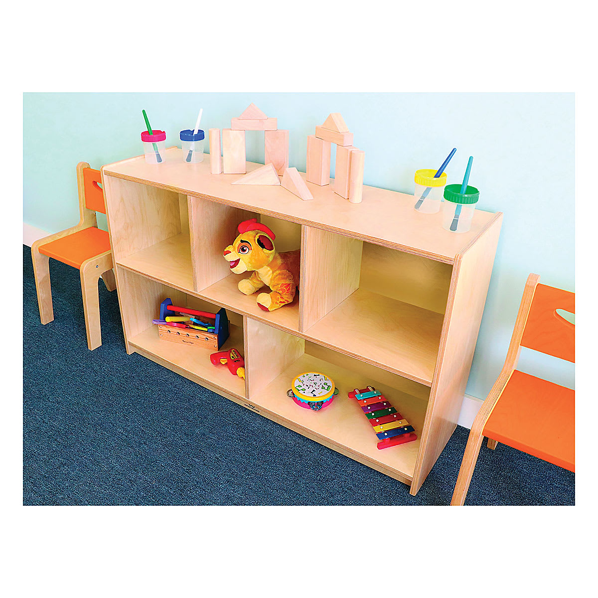 Whitney Brothers Plus Storage Cabinet with natural back panel shown in playroom setting