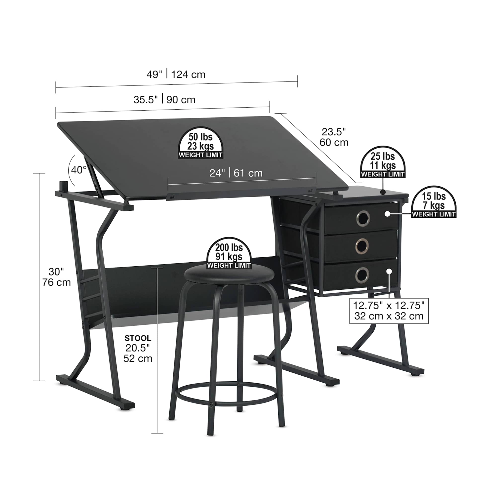 Studio Designs Eclipse Table and Stool Set with dimensions