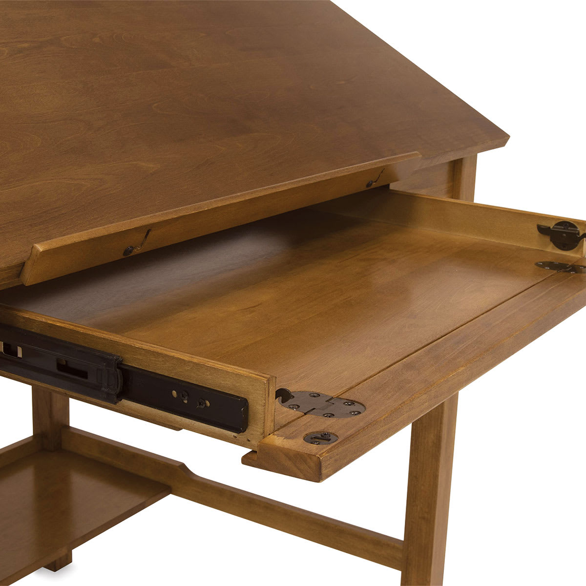 Studio Designs Americana II Drafting Table - Closeup of drawer open and front of drawer folded down