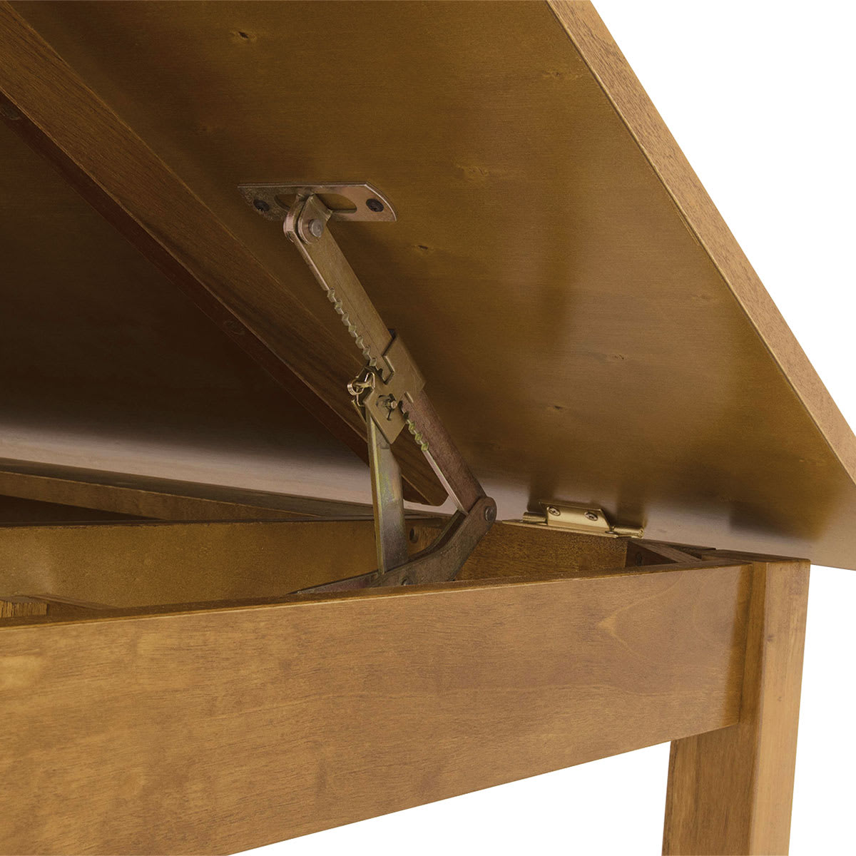 Studio Designs Americana II Drafting Table - Corner view of top lifted showing interior hinge 