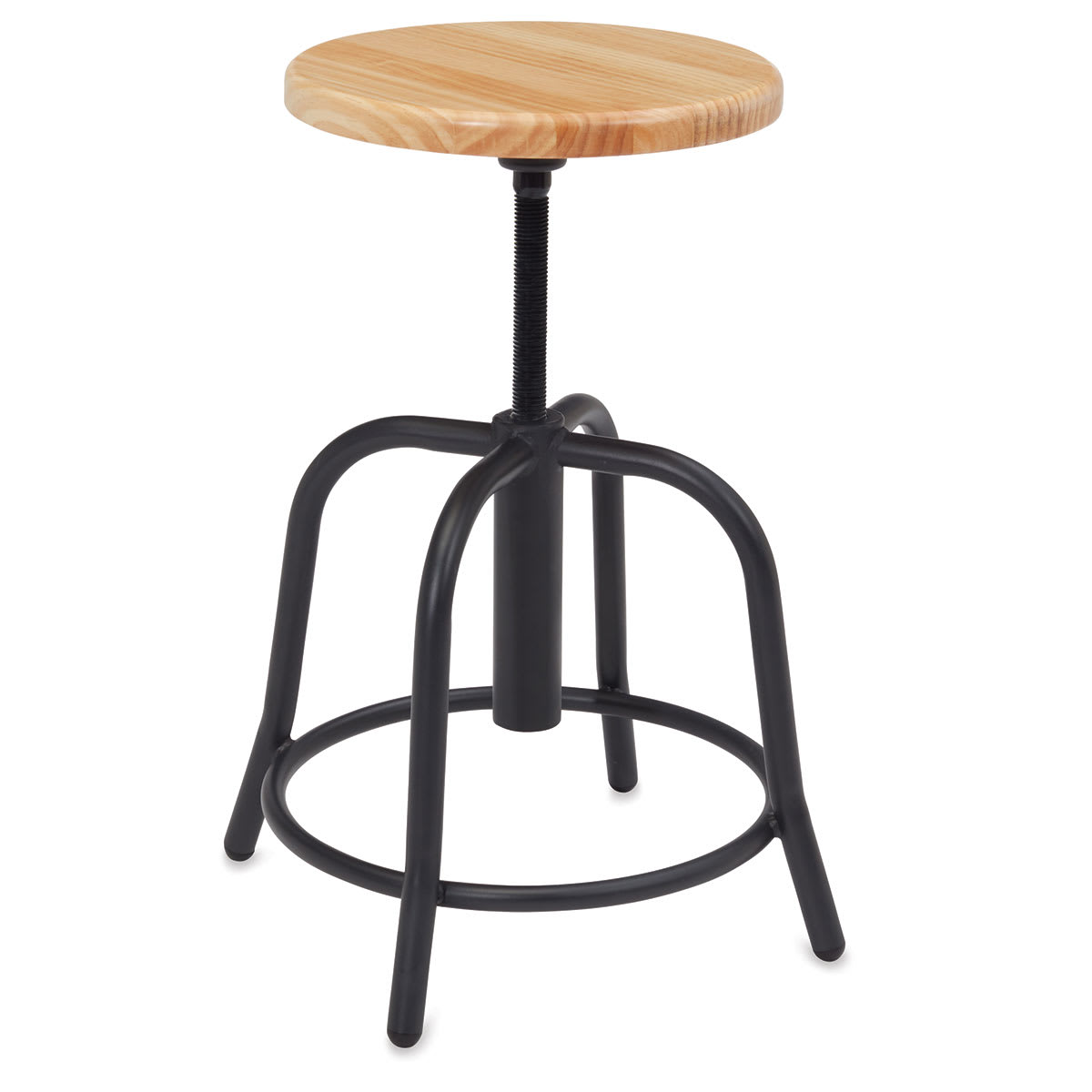 National Public Seating Designer Swivel Stool - Black frame showing footring and Wooden seat