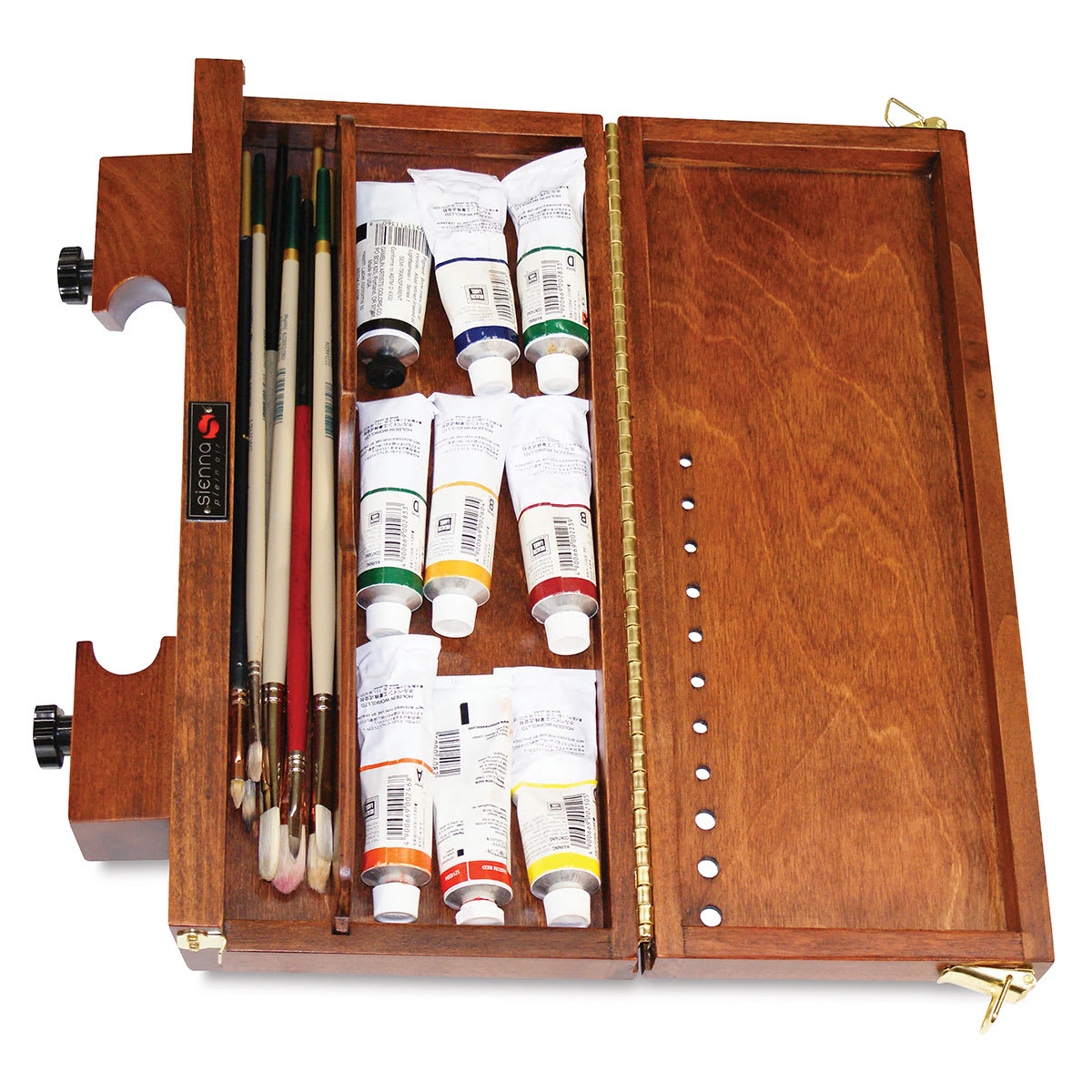 Sienna Plein Air Supply Box (Open, shown with sample brushes and paints)