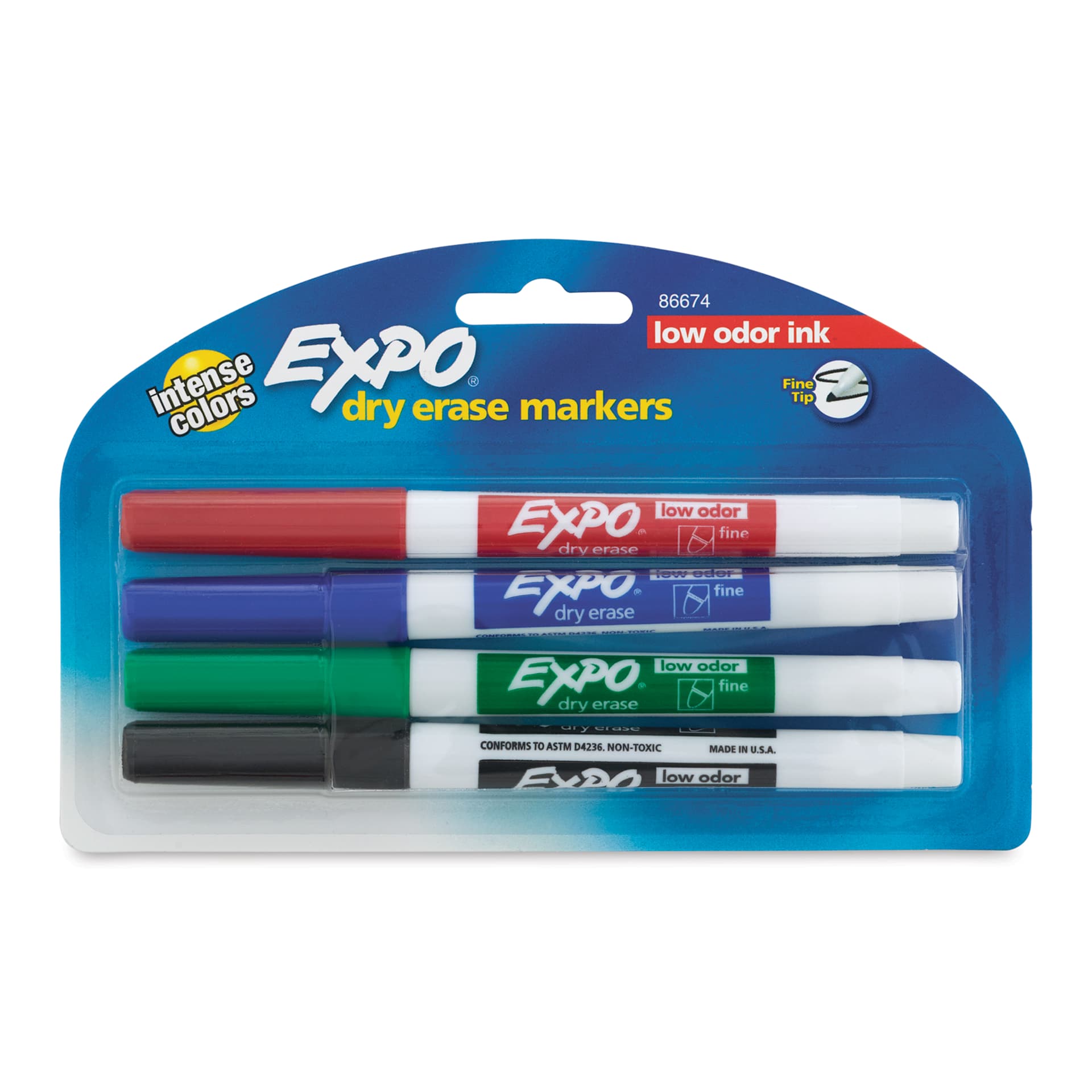 Expo Dry Erase Low Odor Markers - Fine Tip, Assorted Colors, Set of 4 (front of package)