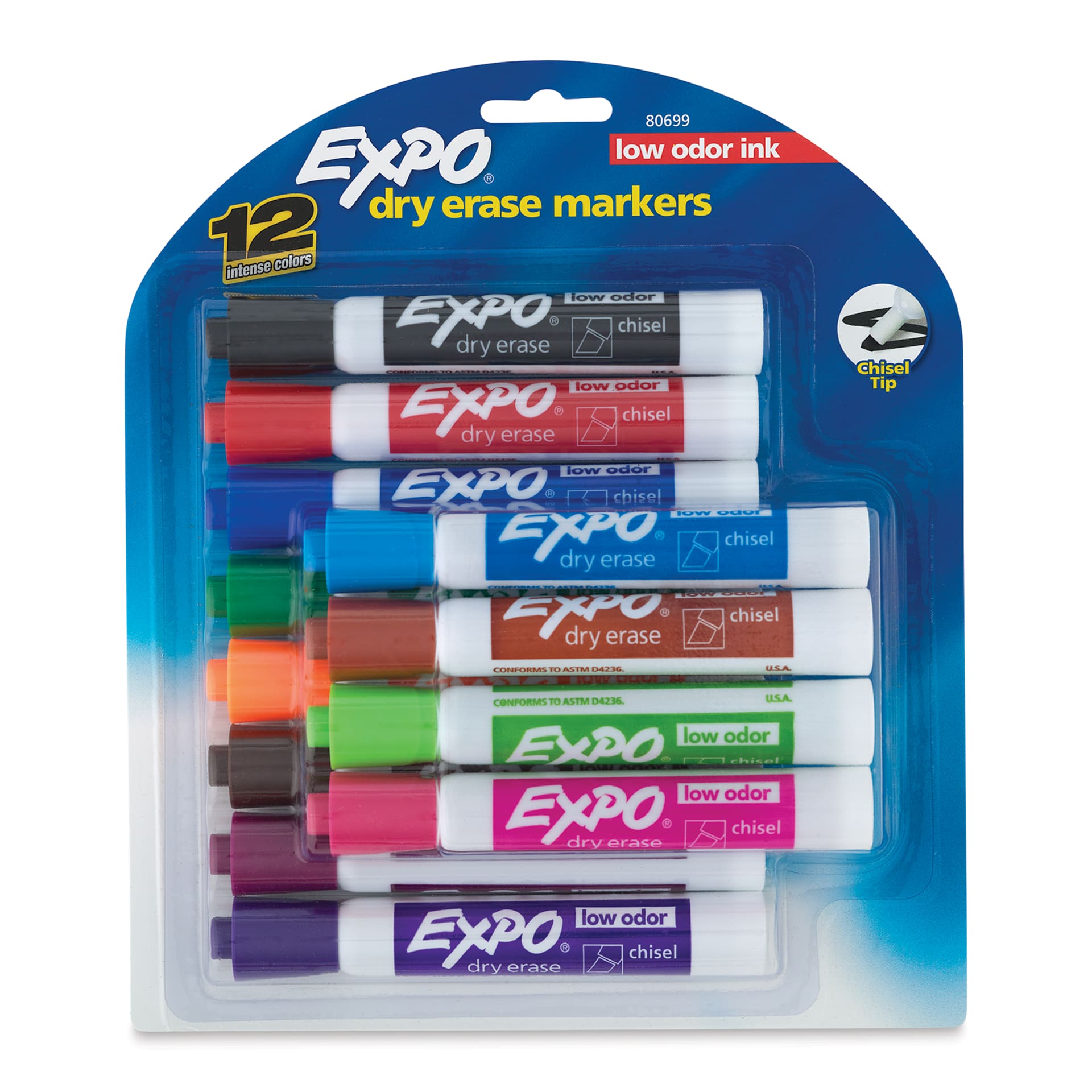 Expo Dry Erase Low Odor Markers - Chisel Tip, Assorted Colors, Set of 12 (front of package)