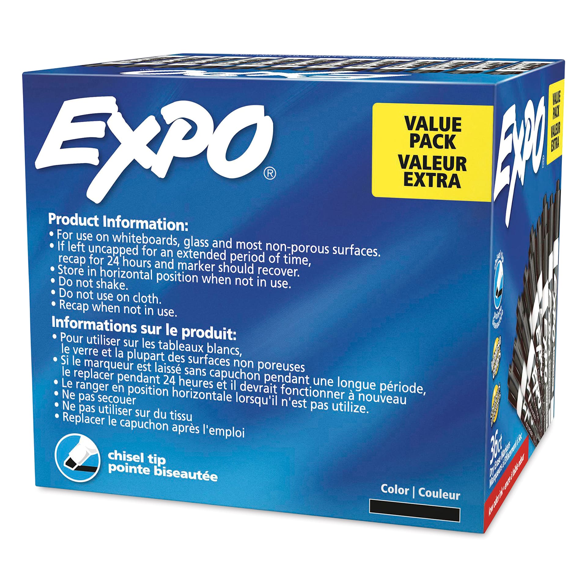 Expo Dry Erase Low Odor Markers - Chisel Tip, Black, Set of 36, back of the packaging