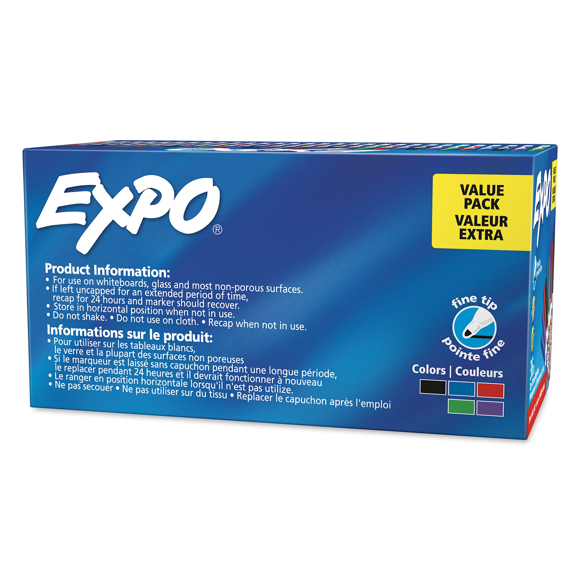 Expo Dry Erase Low Odor Markers - Fine Tip, Assorted Colors, Set of 36, back of the packaging
