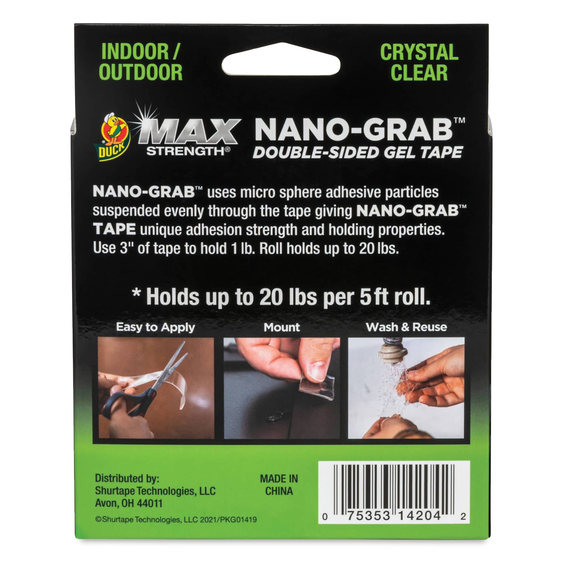 Duck Max Strength Nano-Grab Double Sided Gel Tape - Clear, 0.94 in x 5 ft - back of packaging