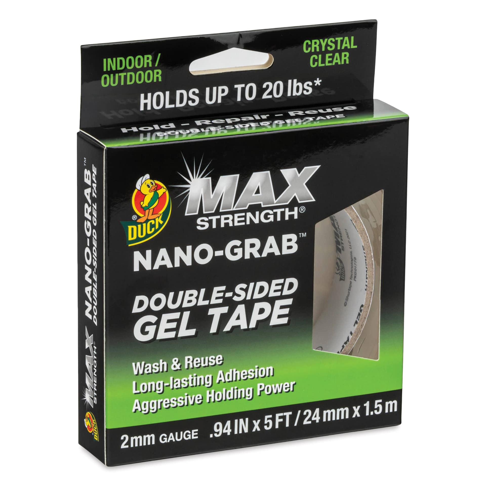 Duck Max Strength Nano-Grab Double Sided Gel Tape - Clear, 0.94" x 5 ft - front of packaging