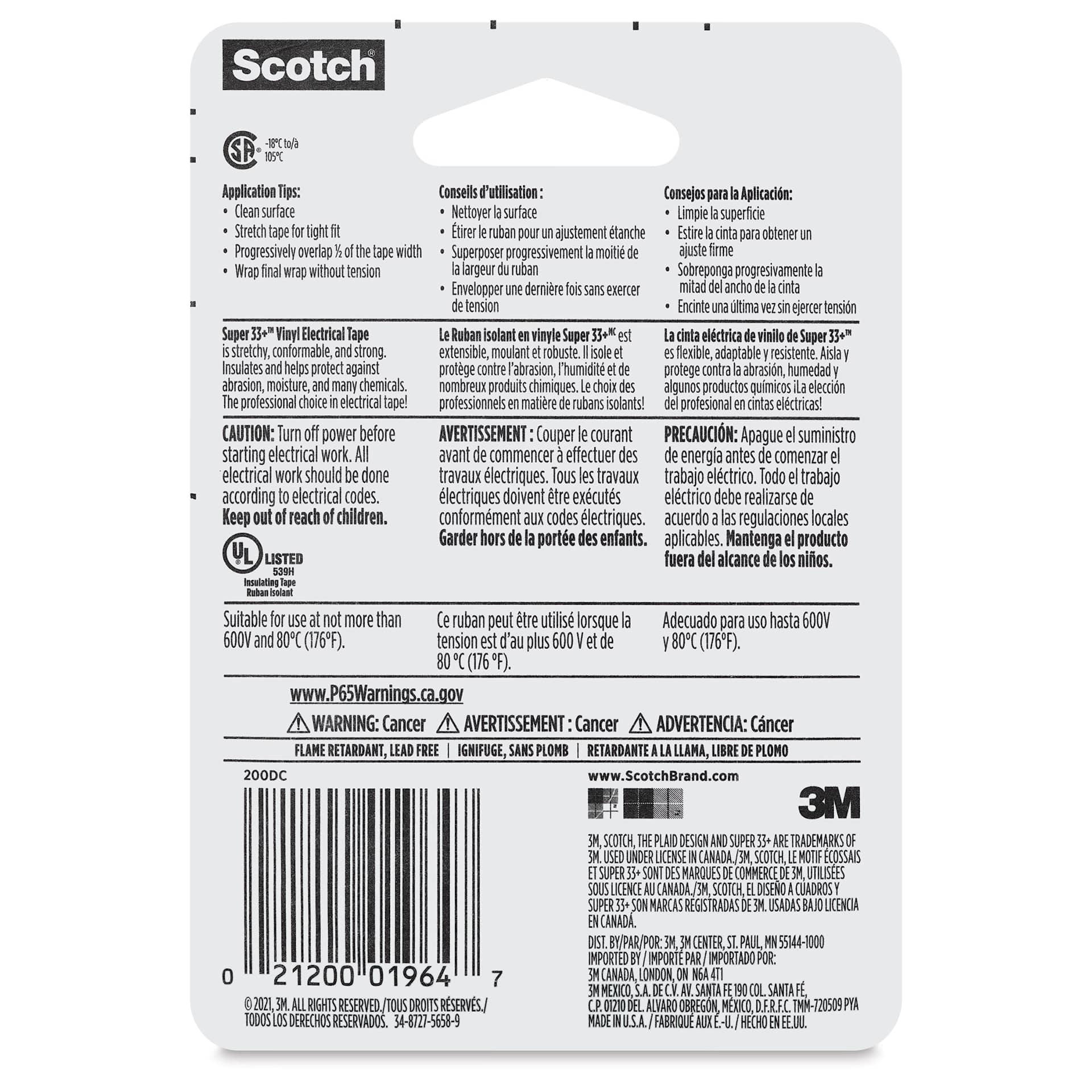 Scotch Super 33+ Vinyl Electrical Tape - 3/4" x 12 yds, back of the packaging 
