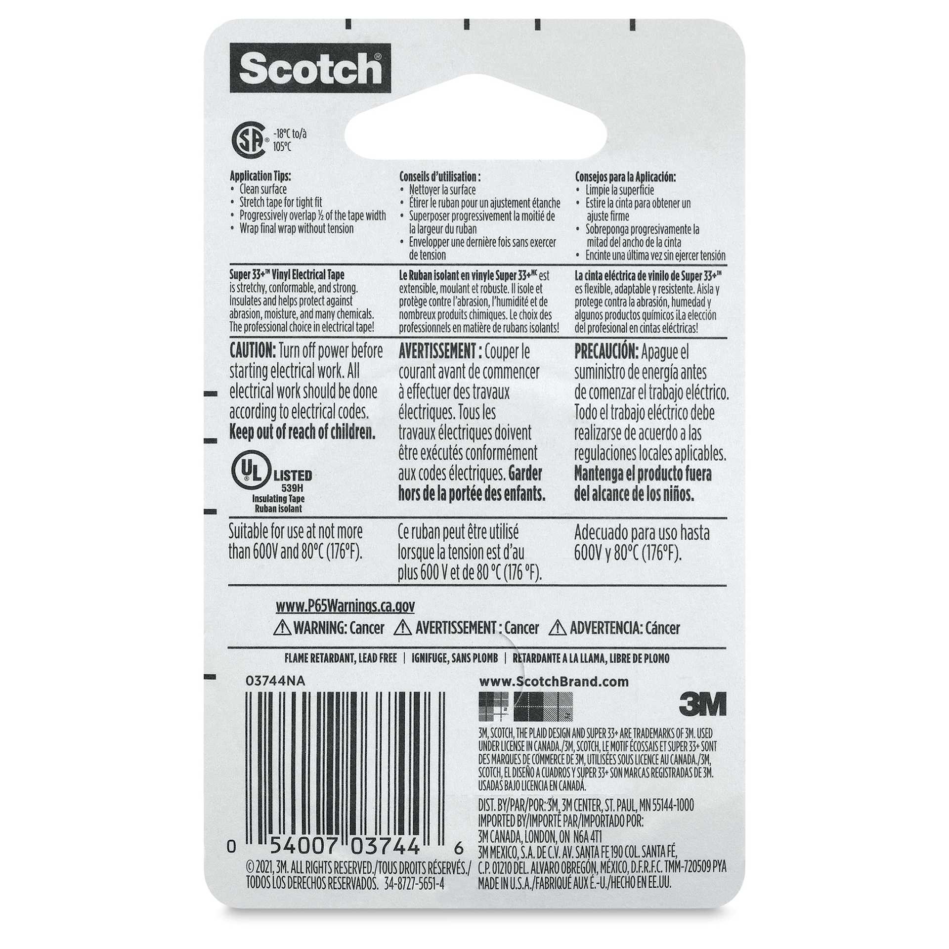 Scotch Super 33+ Vinyl Electrical Tape - 3/4" x 8 yds, back of the packaging 