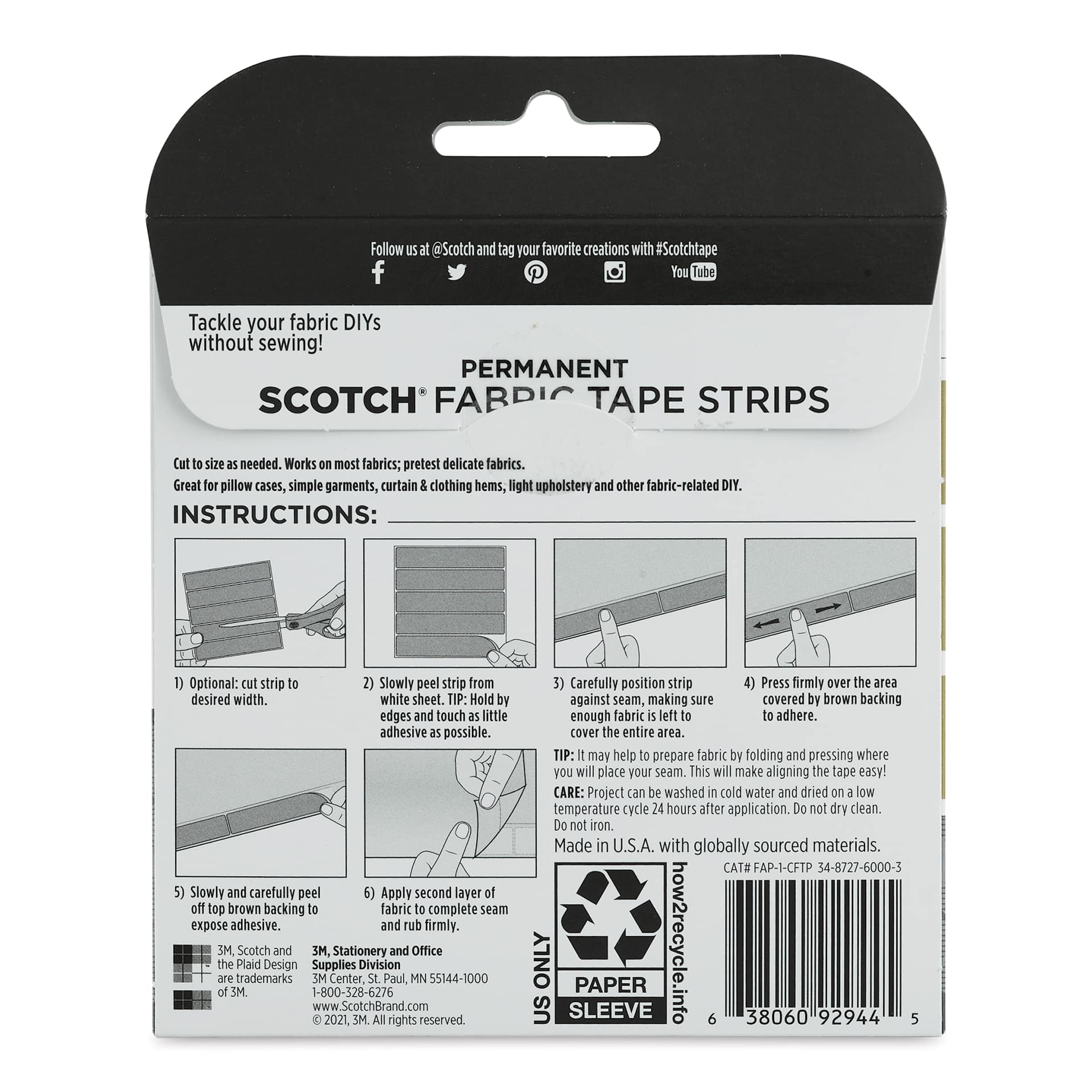 Scotch Permanent Fabric Tape Strips - Pkg of 30, back of the packaging