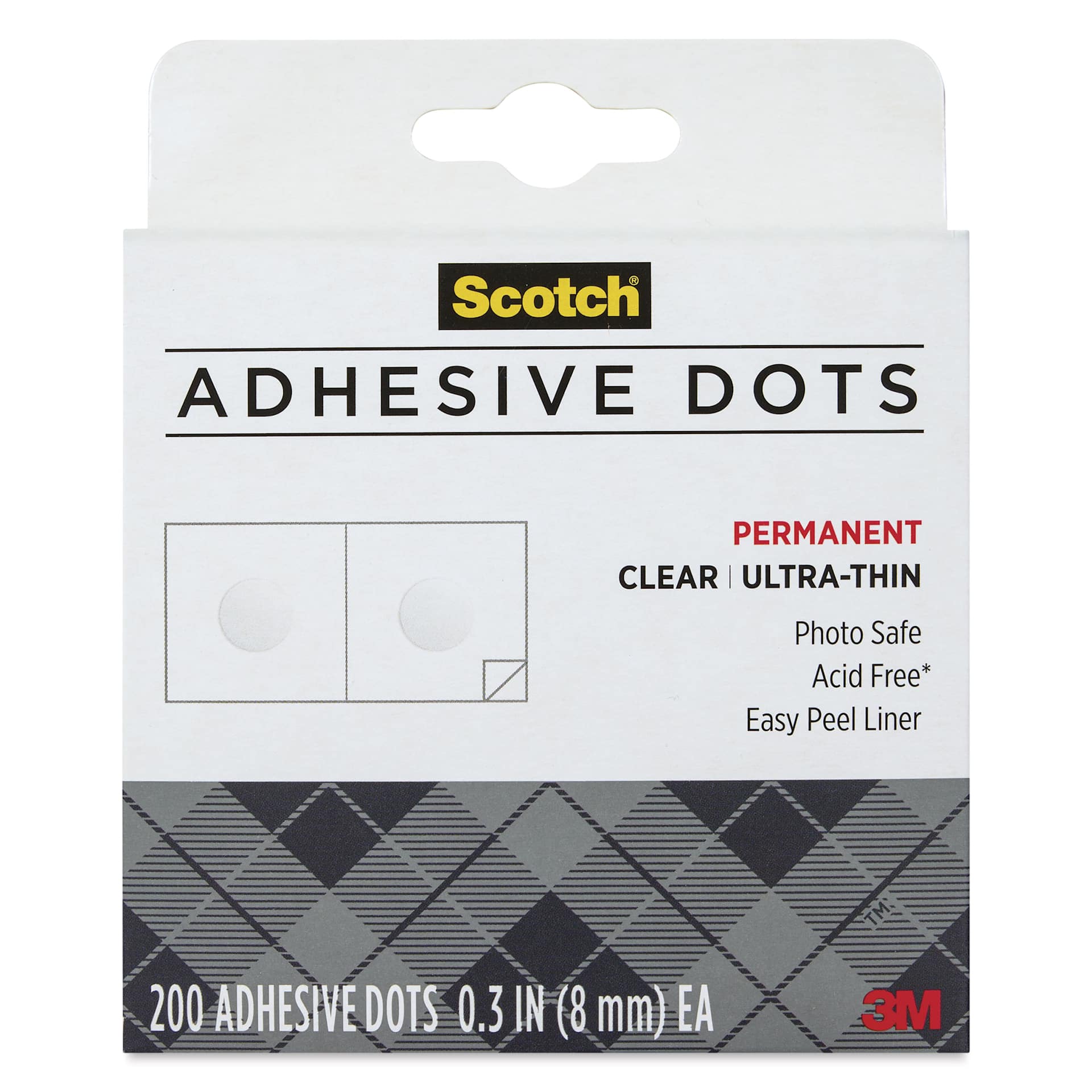 Scotch Adhesive Dots - Pkg of 200, Clear, 0.3" - front of packaging