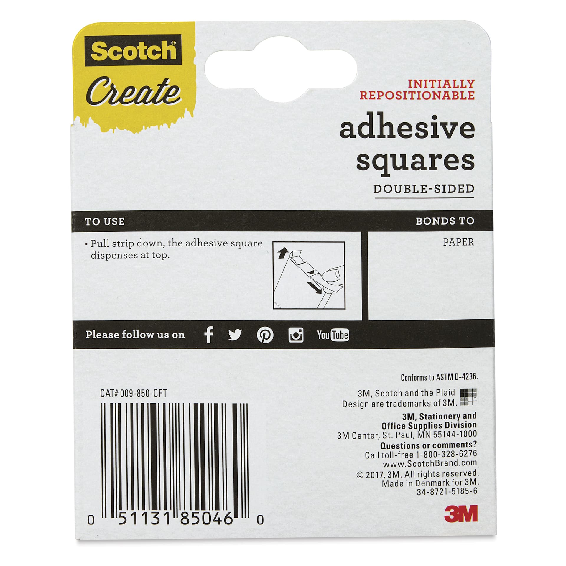 Scotch Repositionable Adhesive Squares - Pkg of 850, 0.45" x 0.45" - back of packaging