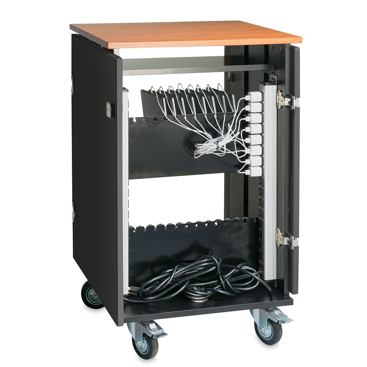 Charging Storage Carts - Back of open 32 Tablet Cart showing several tablets charging

