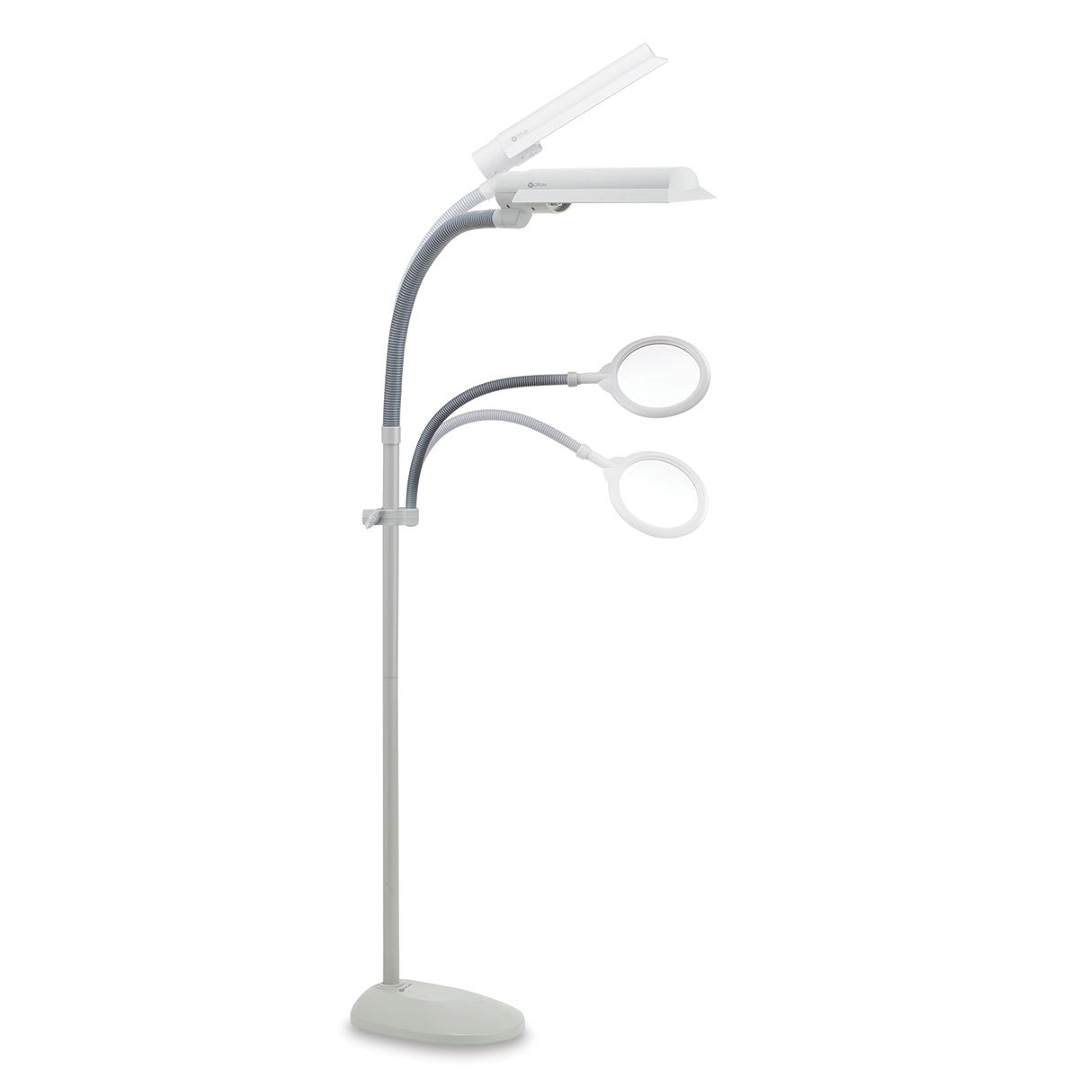 OttLite EasyView Floor Lamp - Illustration showing range of motion for both lamp and magnifier OttLite EasyView Floor Lamp - Illustration showing range of motion for both lamp and magnifier