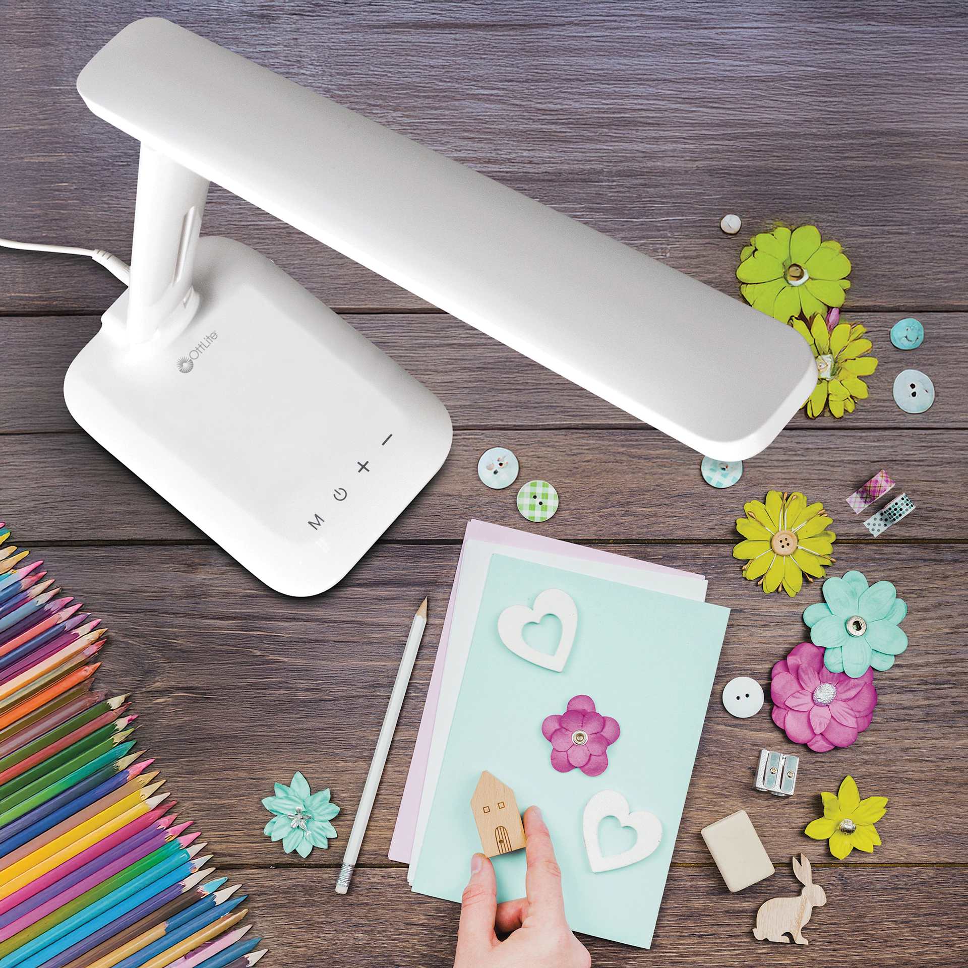 OttLite Slimline LED Desk Lamp - White, in use with card making project