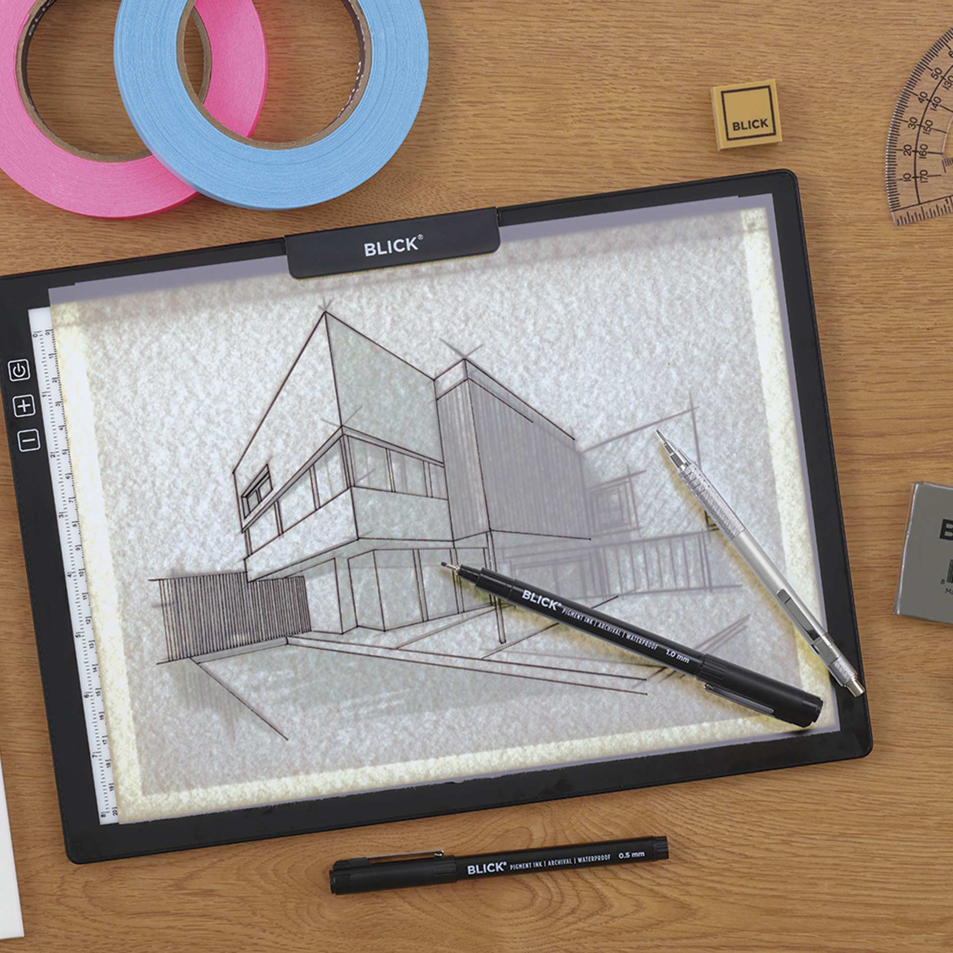 Blick LED Light Pad - in use on table, close-up