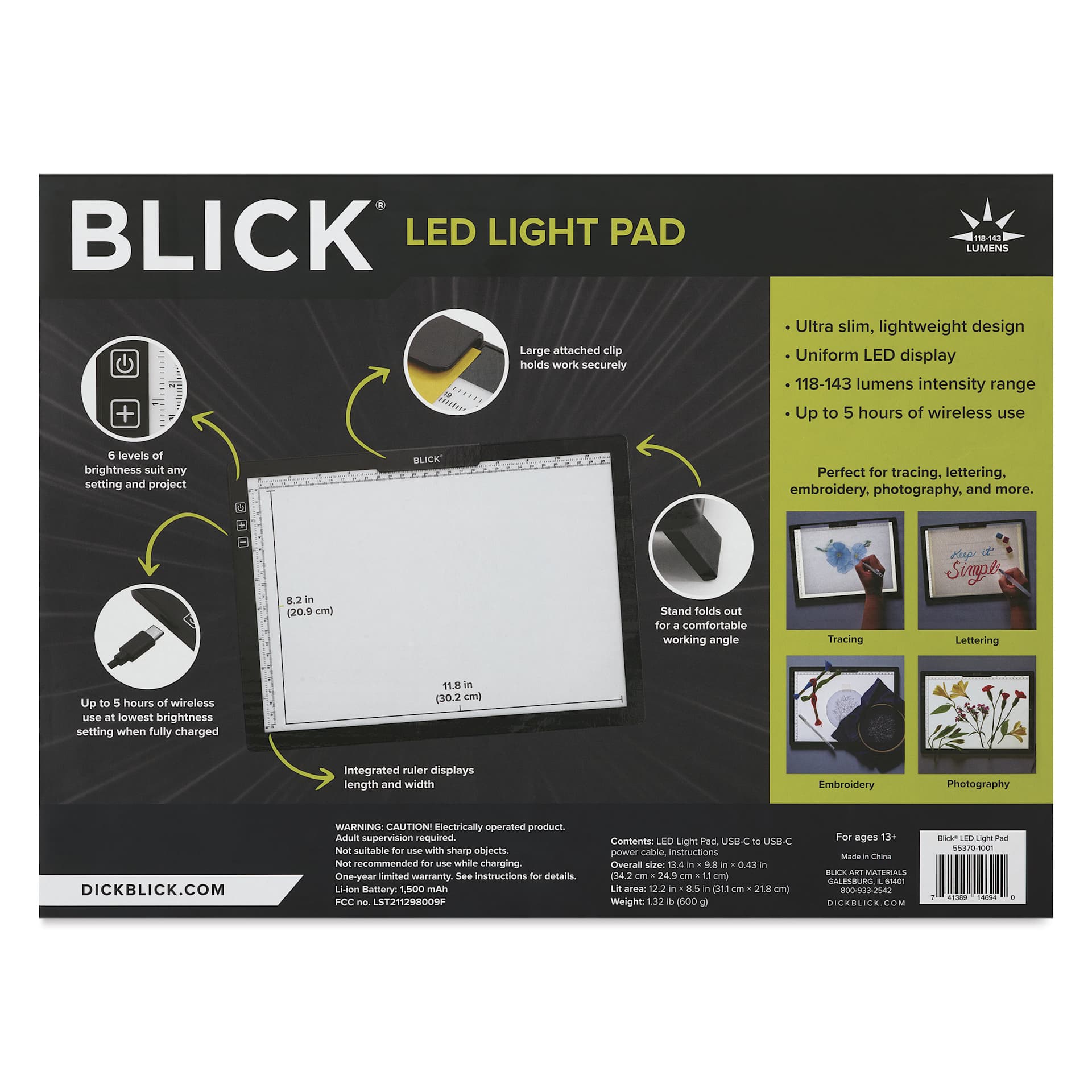 Blick LED Light Pad - back of packaging