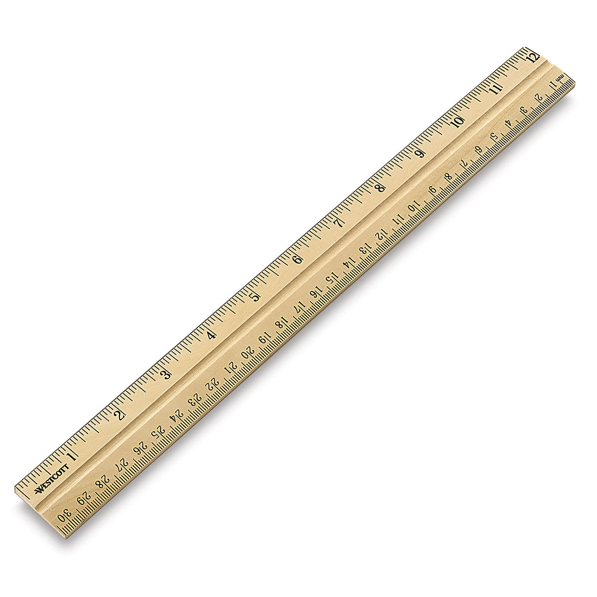 Westcott Wood Ruler Measuring Metric and 1/16" Scale - Angled view of plain school ruler