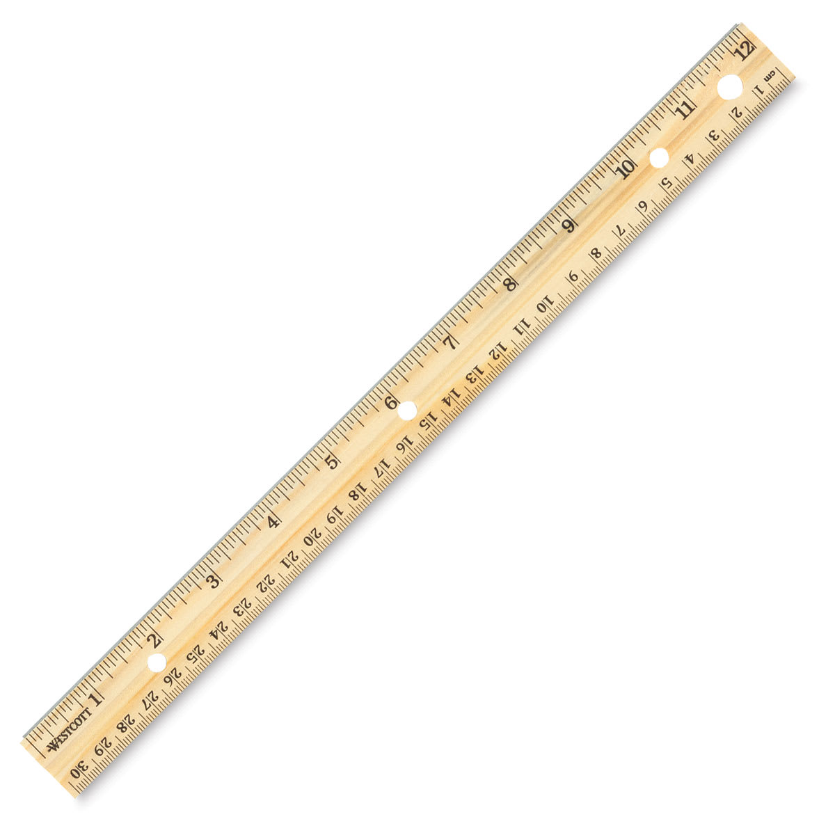 Westcott Wood Ruler Measuring Metric and 1/16" Scale - Angled view of ruler with hole punch
