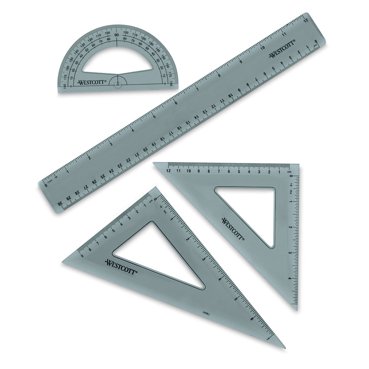 Westcott Combo Set - Components of set shown, 2 Triangles, Protractor and 12" Ruler
