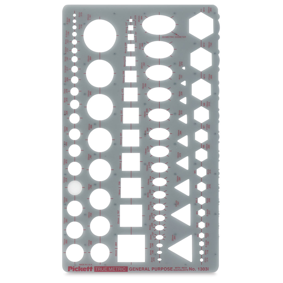Pickett Arrows and Shapes Templates - Front view of Metric scale General Purpose Template