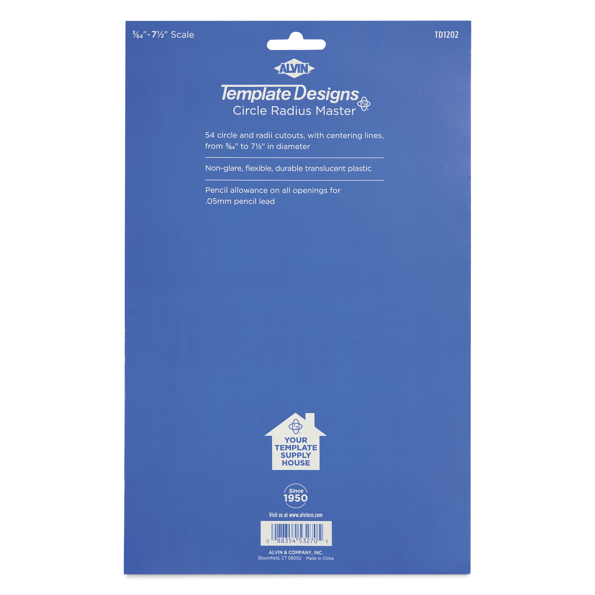 Alvin Templates - Circle Radius Master, 5-1/2" x 11-1/2", back of packaging
