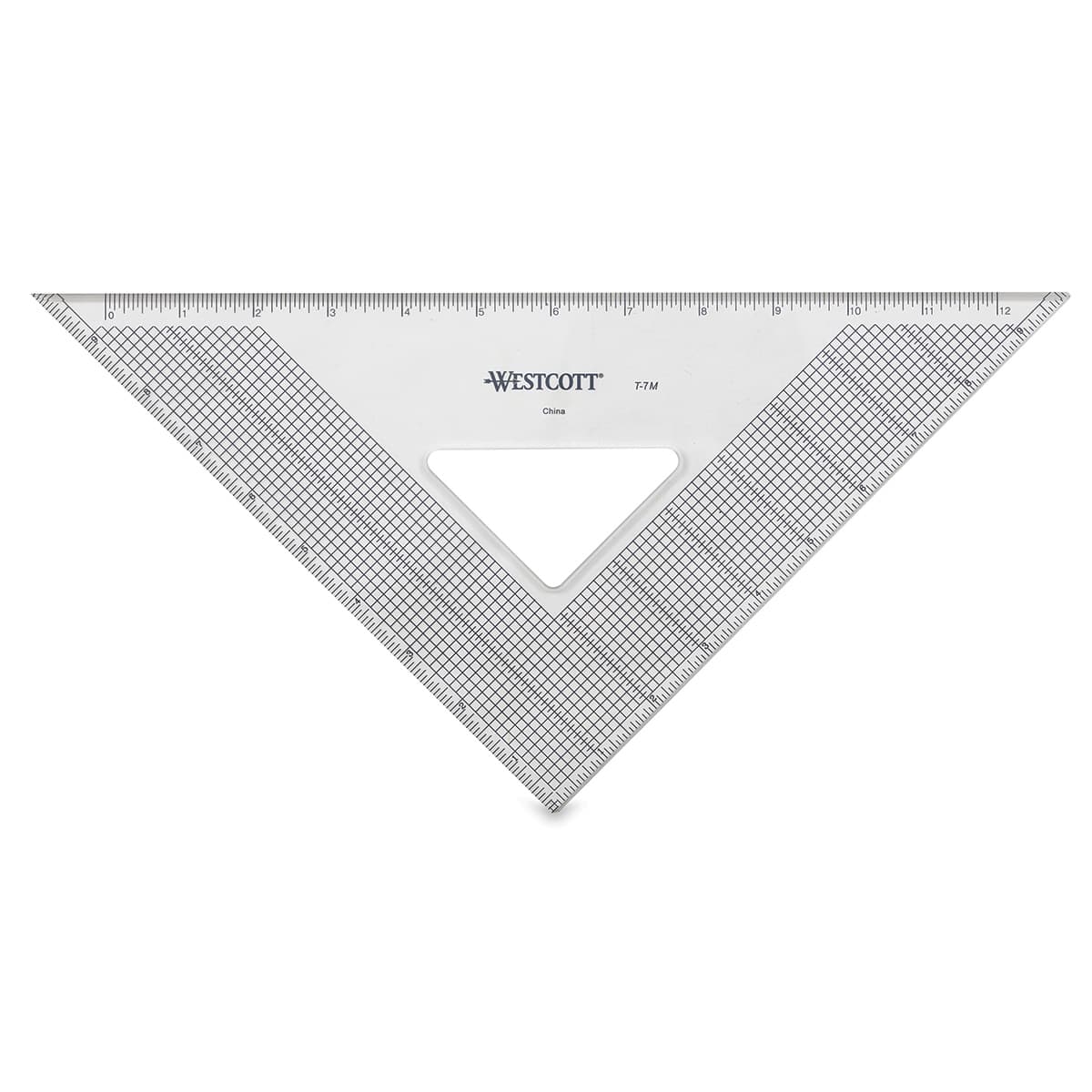 Westcott Gridded Triangles - Top view of clear Acrylic 45-90 degree triangle