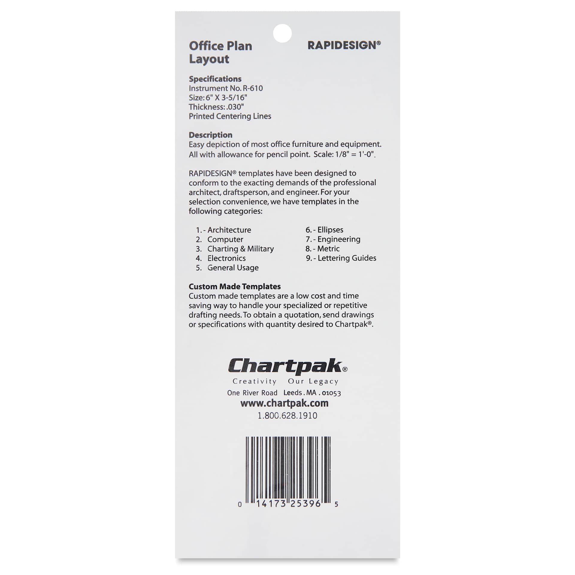 Chartpak Rapidesign Architectural Template - Office Plan, 1/8", back of packaging
