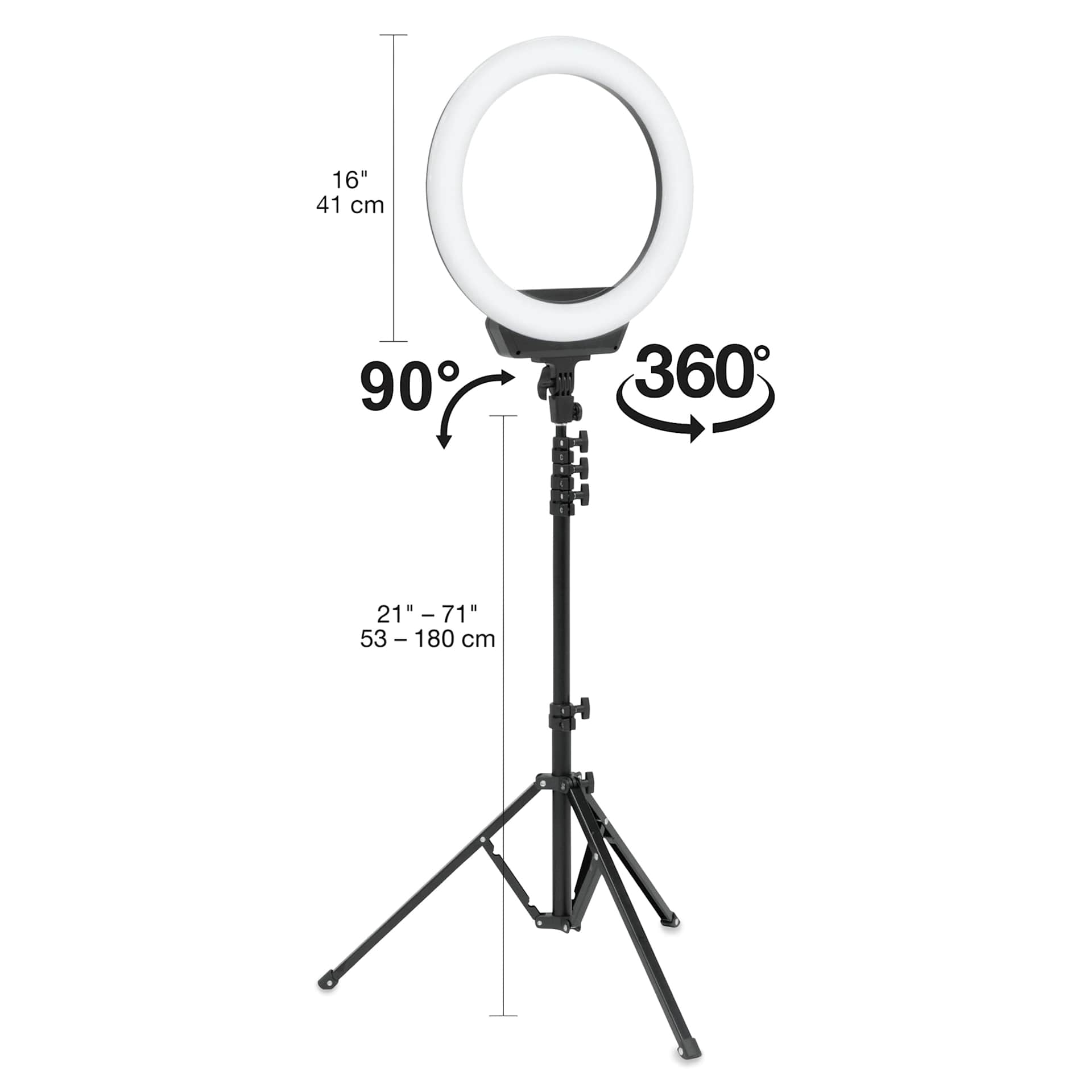 Artograph Ring Light with Floor Stand - 16" Diameter, displaying additional measurements of the stand. 