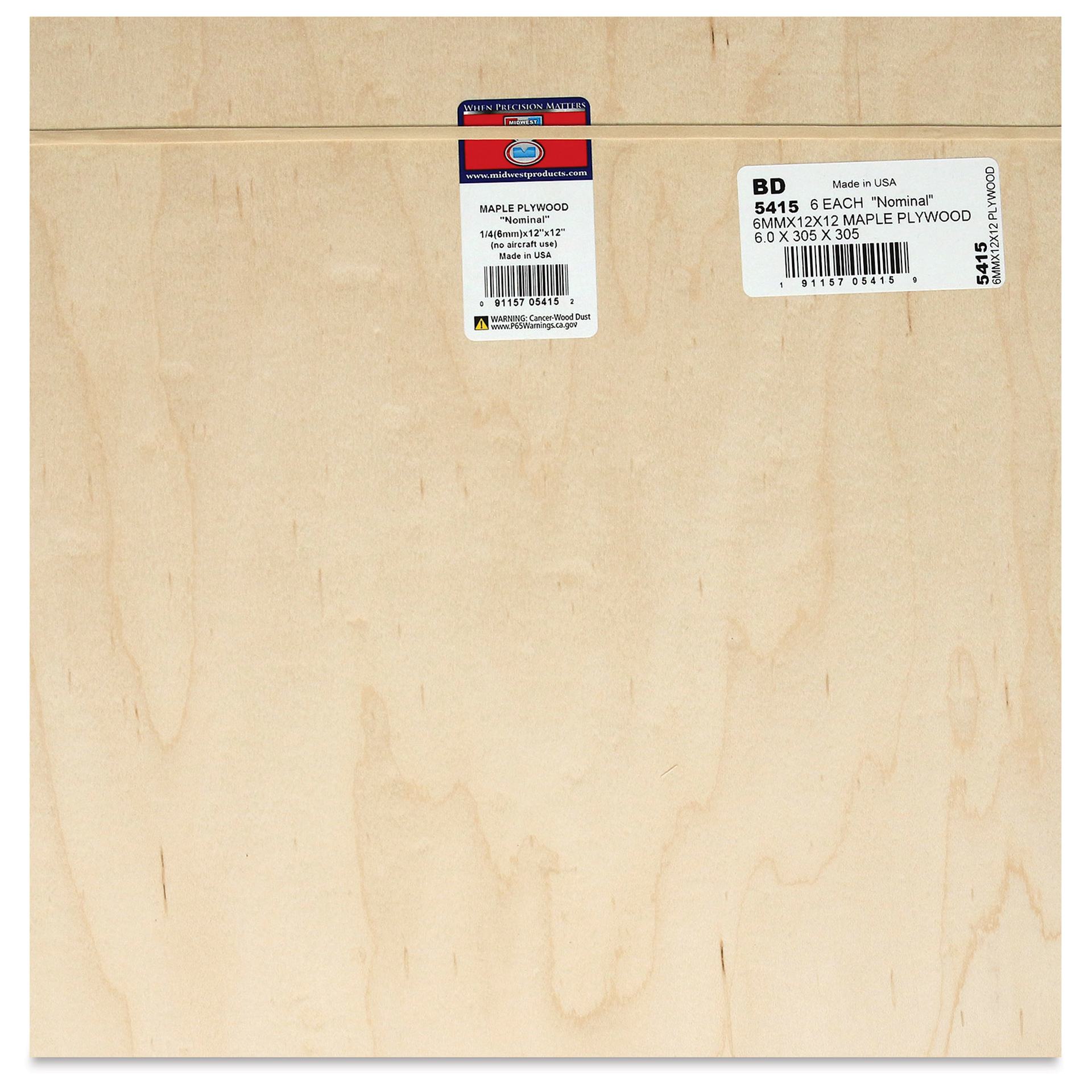 Midwest Products Maple Plywood - 1/4" x 12" x 12", showing packaging label and subber band Midwest Products Maple Plywood - 1/4" x 12" x 12", showing packaging label and subber band