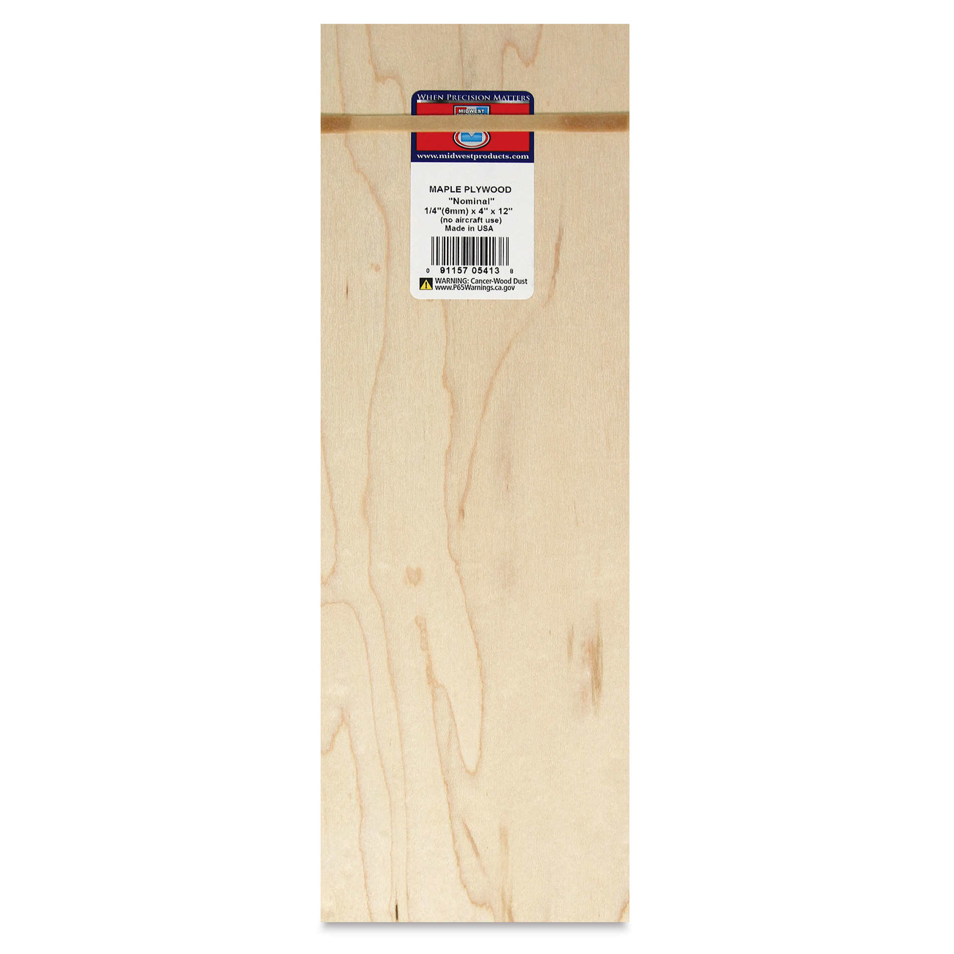 Midwest Products Maple Plywood - 1/4" x 4" x 12", featuring packaging label and rubber band