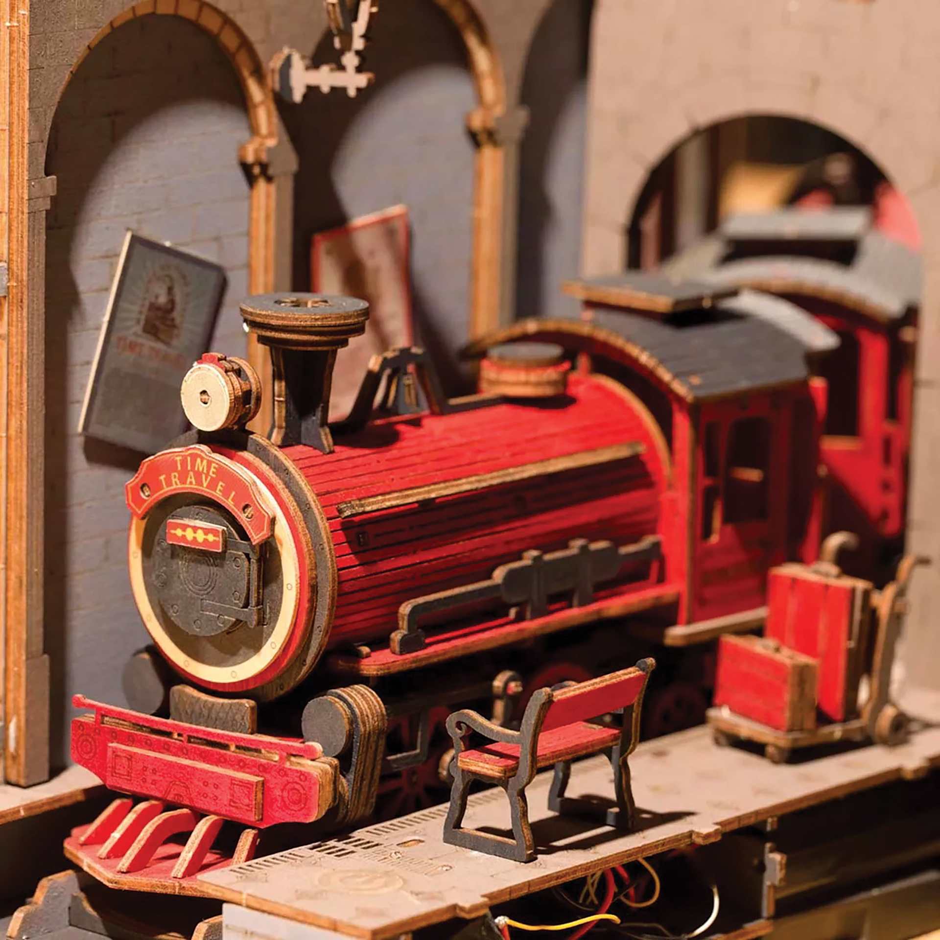 Rolife Time Travel DIY Book Nook Kit, close-up of train