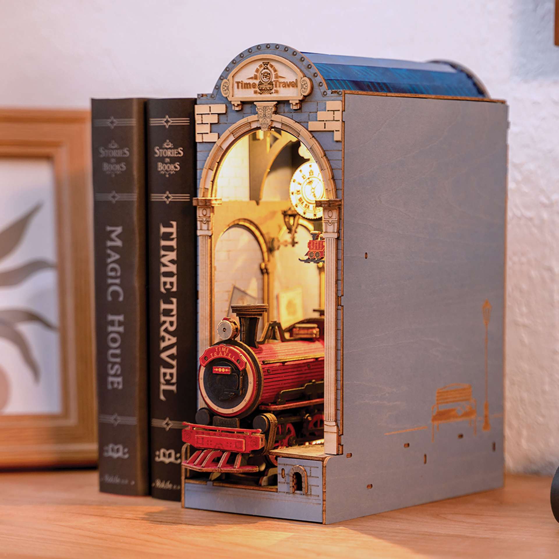 Rolife Time Travel DIY Book Nook Kit, illuminated kit as a bookend
