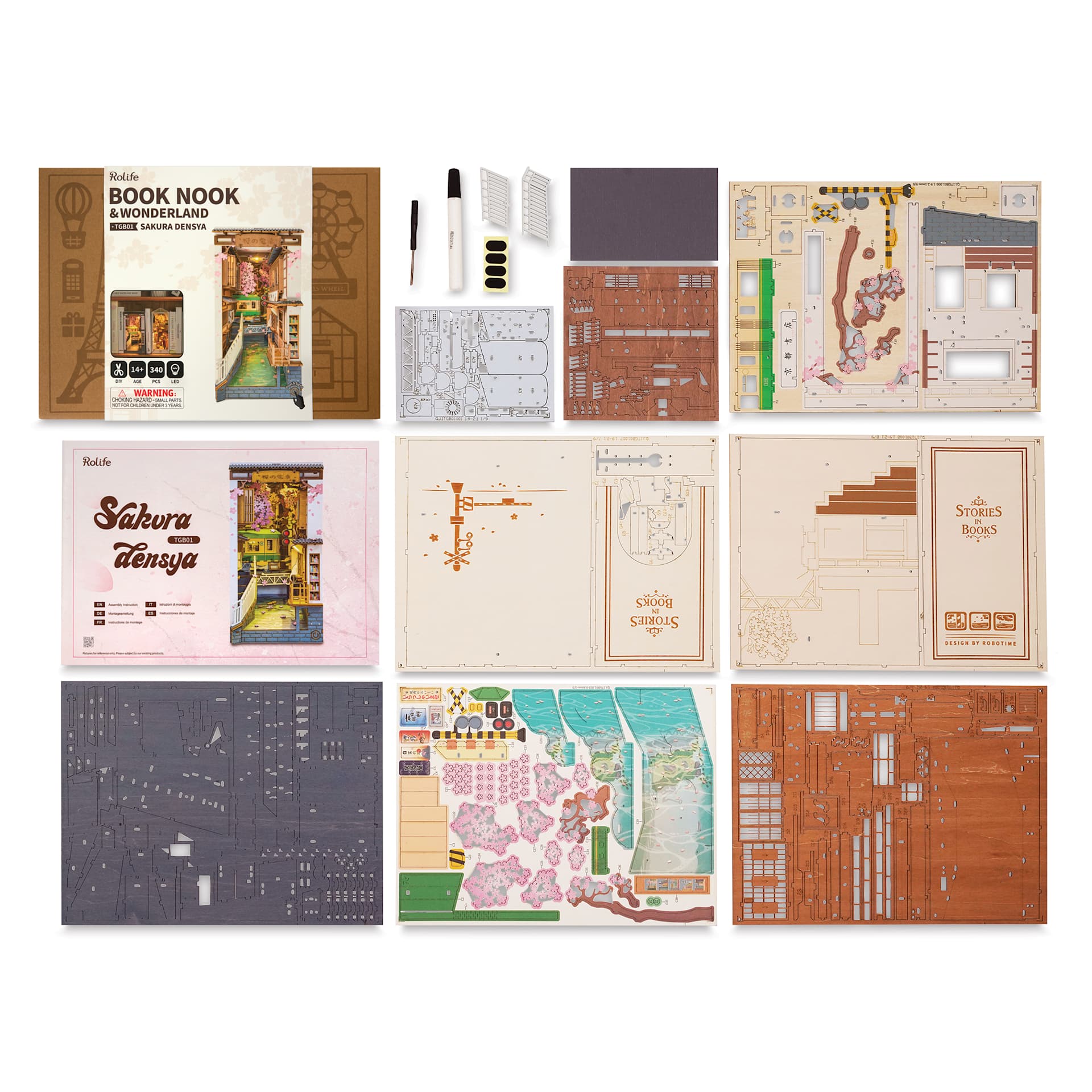 Rolife Sakura Densya DIY Book Nook Kit, contents laid out