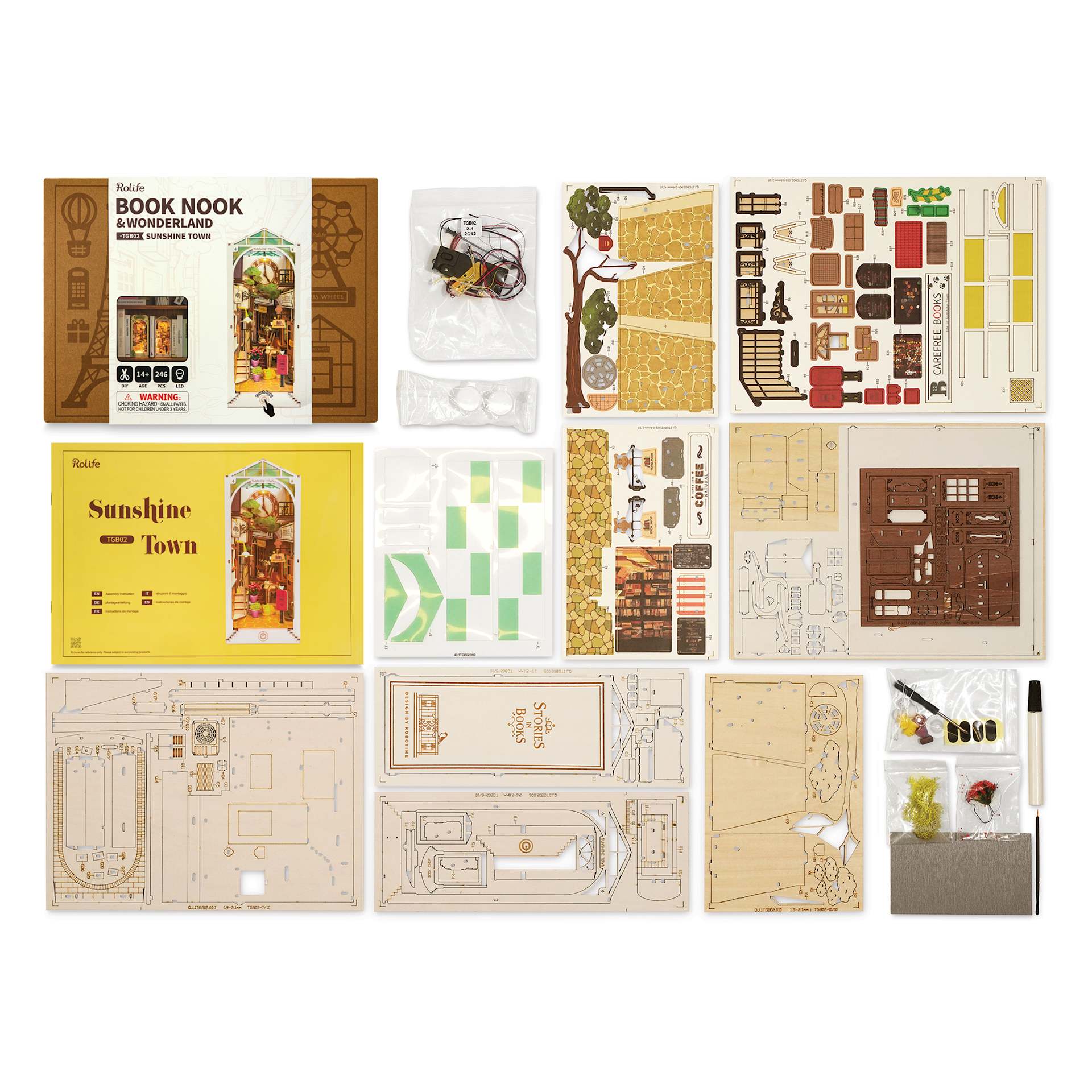 Rolife Sunshine Town DIY Book Nook Kit, contents laid out