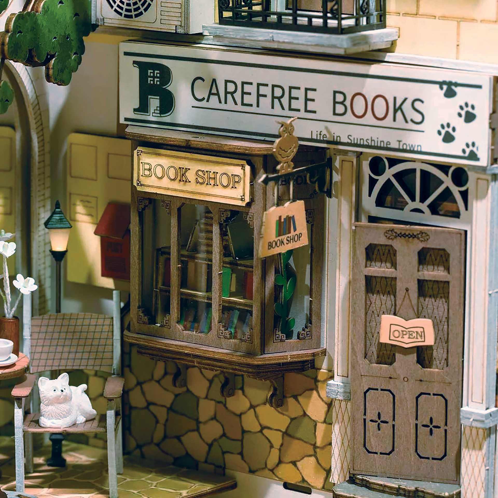 Rolife Sunshine Town DIY Book Nook Kit, close-up of constructed kit