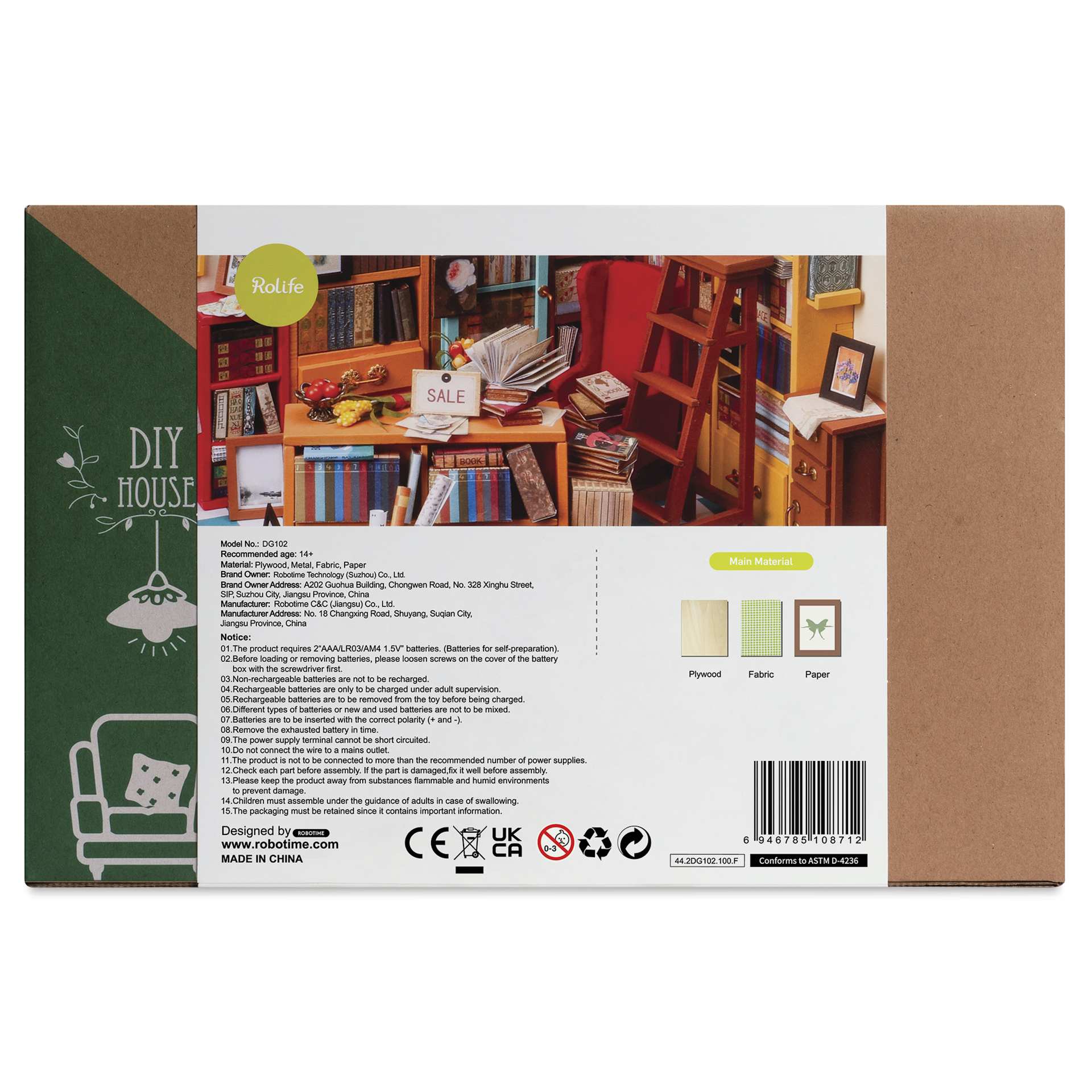 Rolife DIY Miniature House Kit - Sam's Study, back of package
