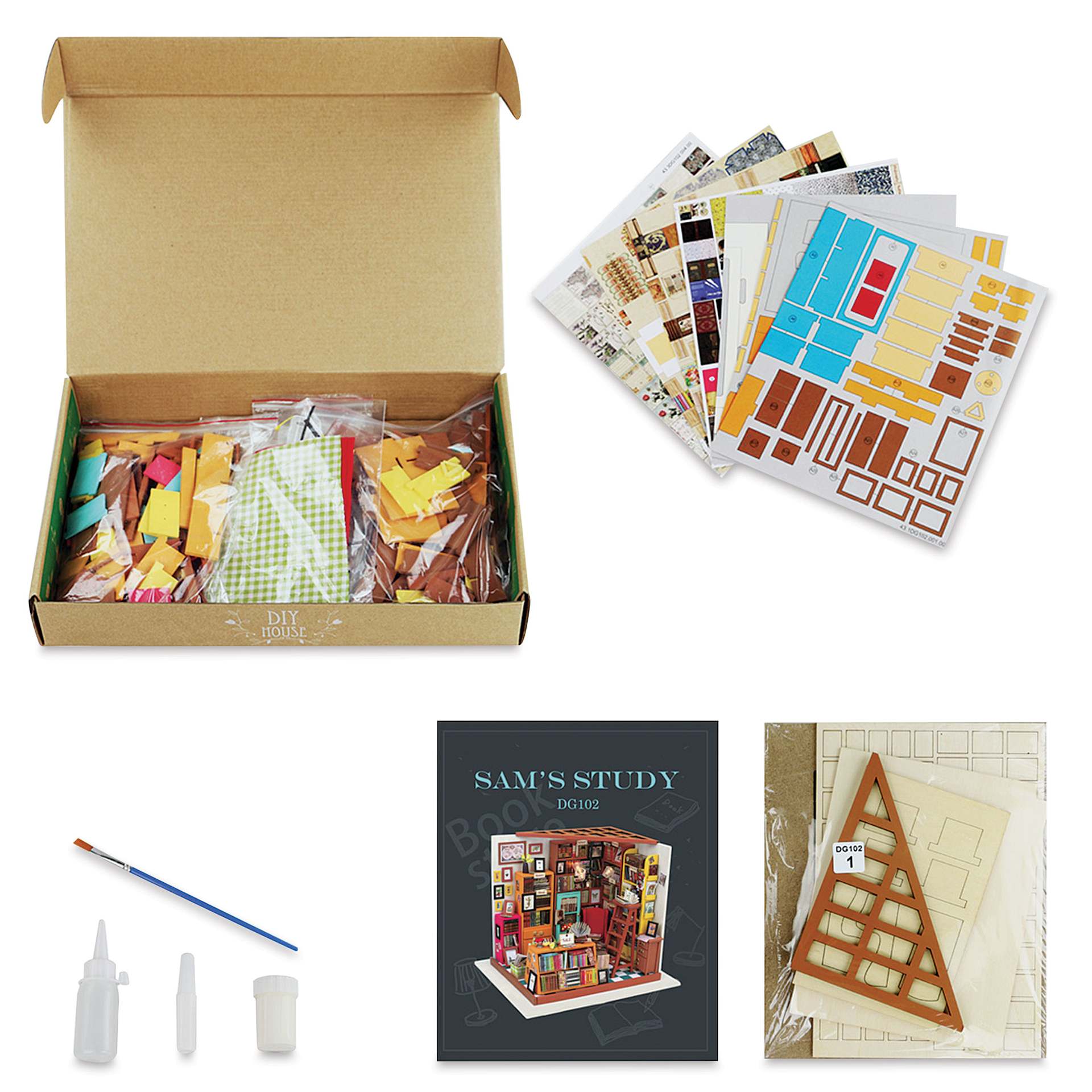 Rolife DIY Miniature House Kit - Sam's Study, kit contents