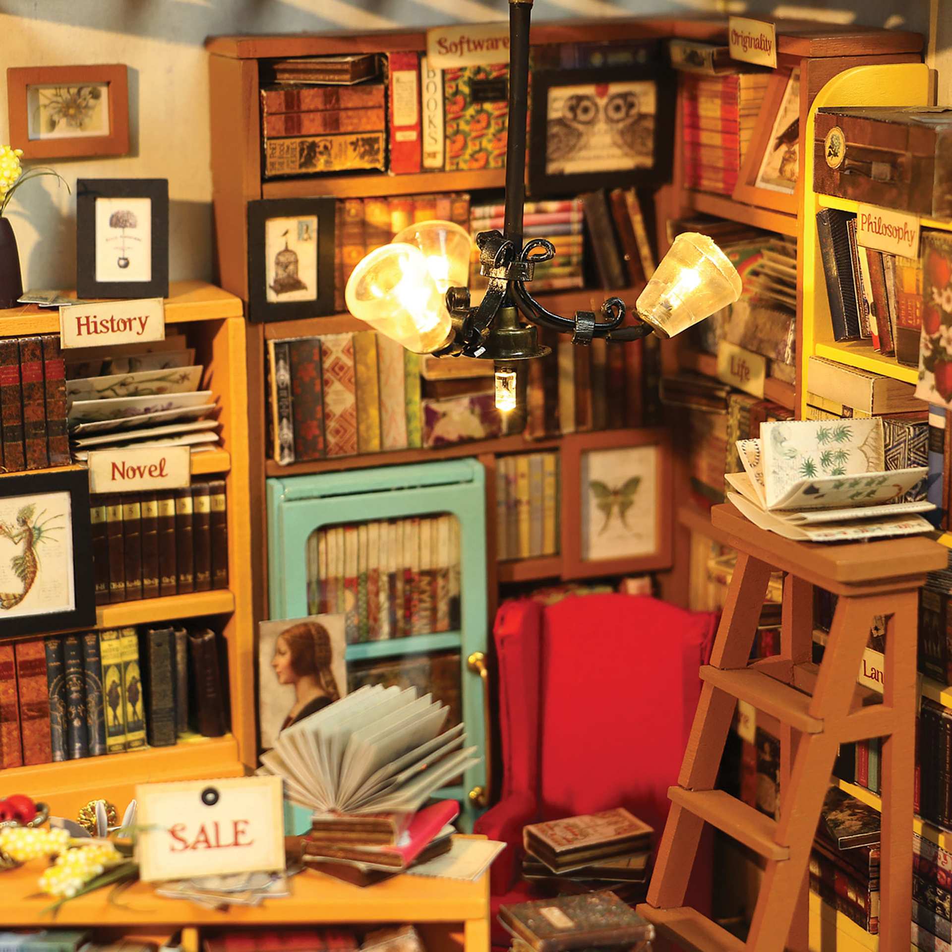 Rolife DIY Miniature House Kit - Sam's Study, close-up of constructed kit