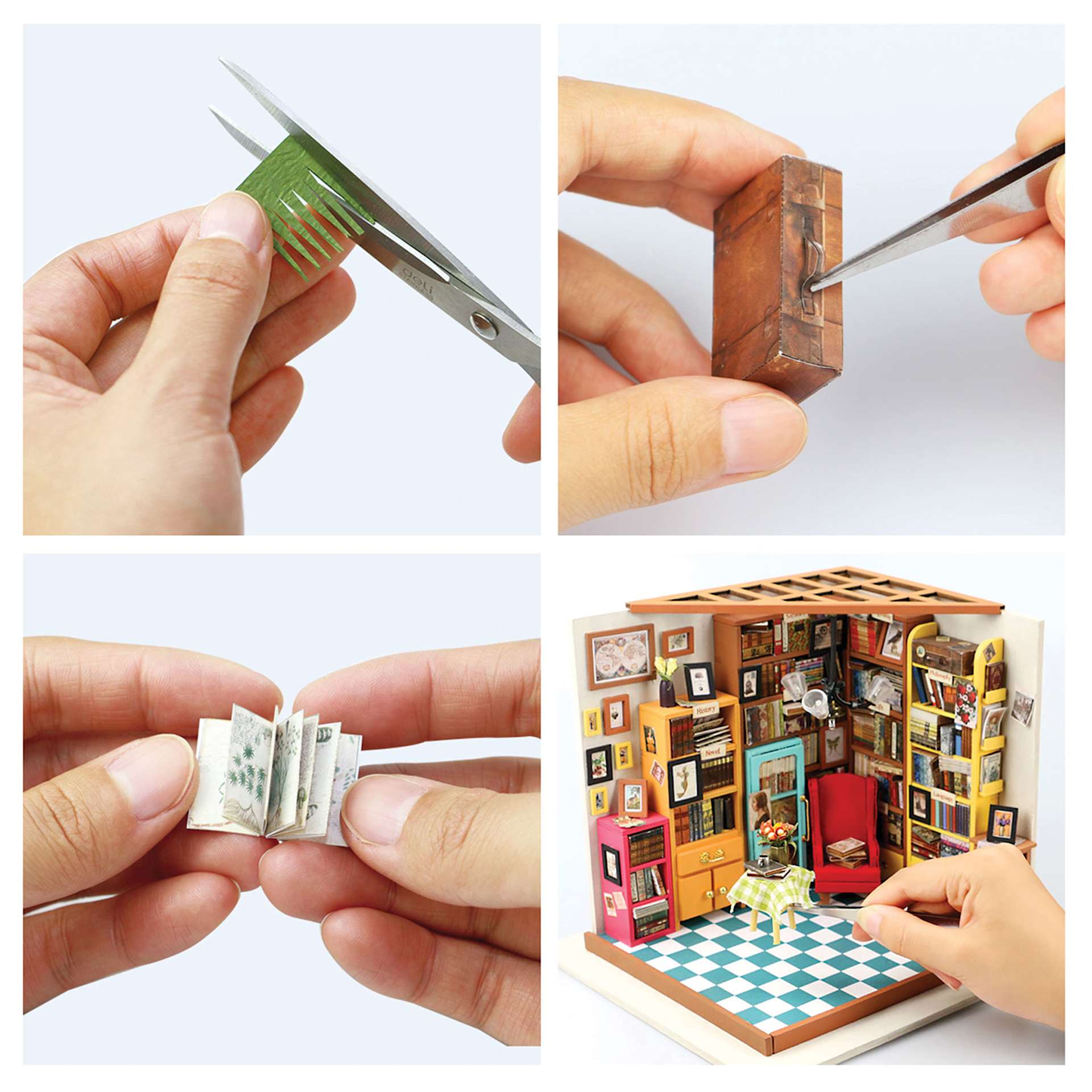 Rolife DIY Miniature House Kit - Sam's Study, books being put together